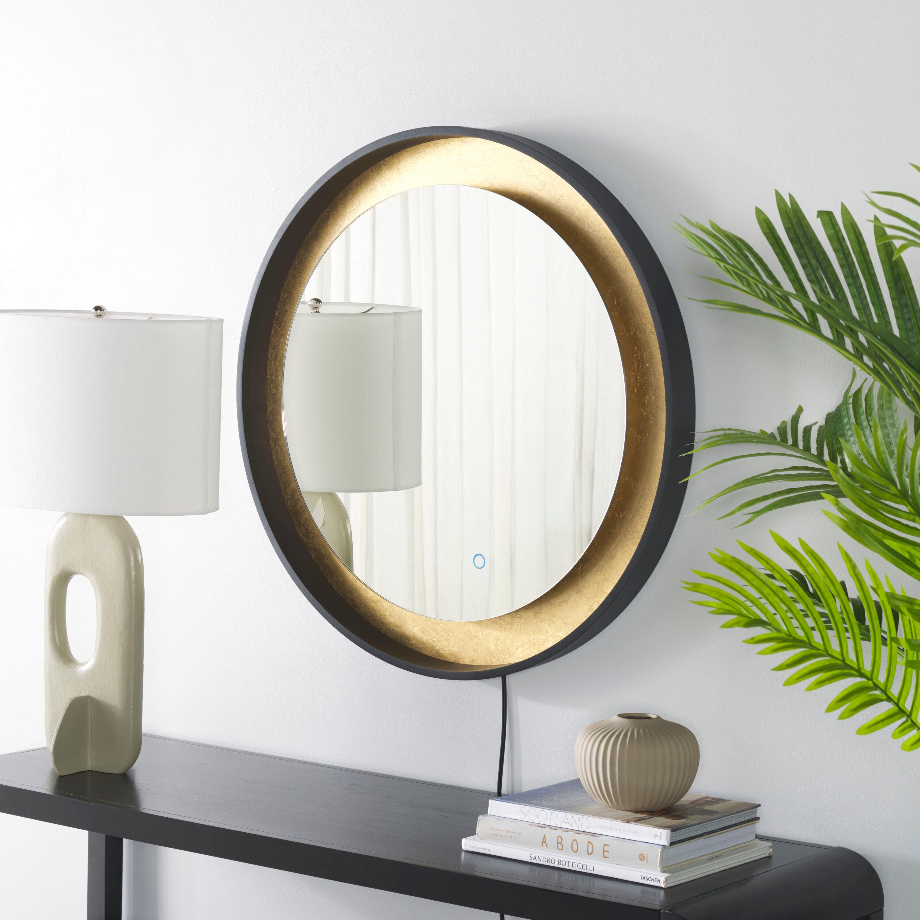 SAFAVIEH Erdem 30 Inch Aluminum Led Mirror, Black/Gold Leaf