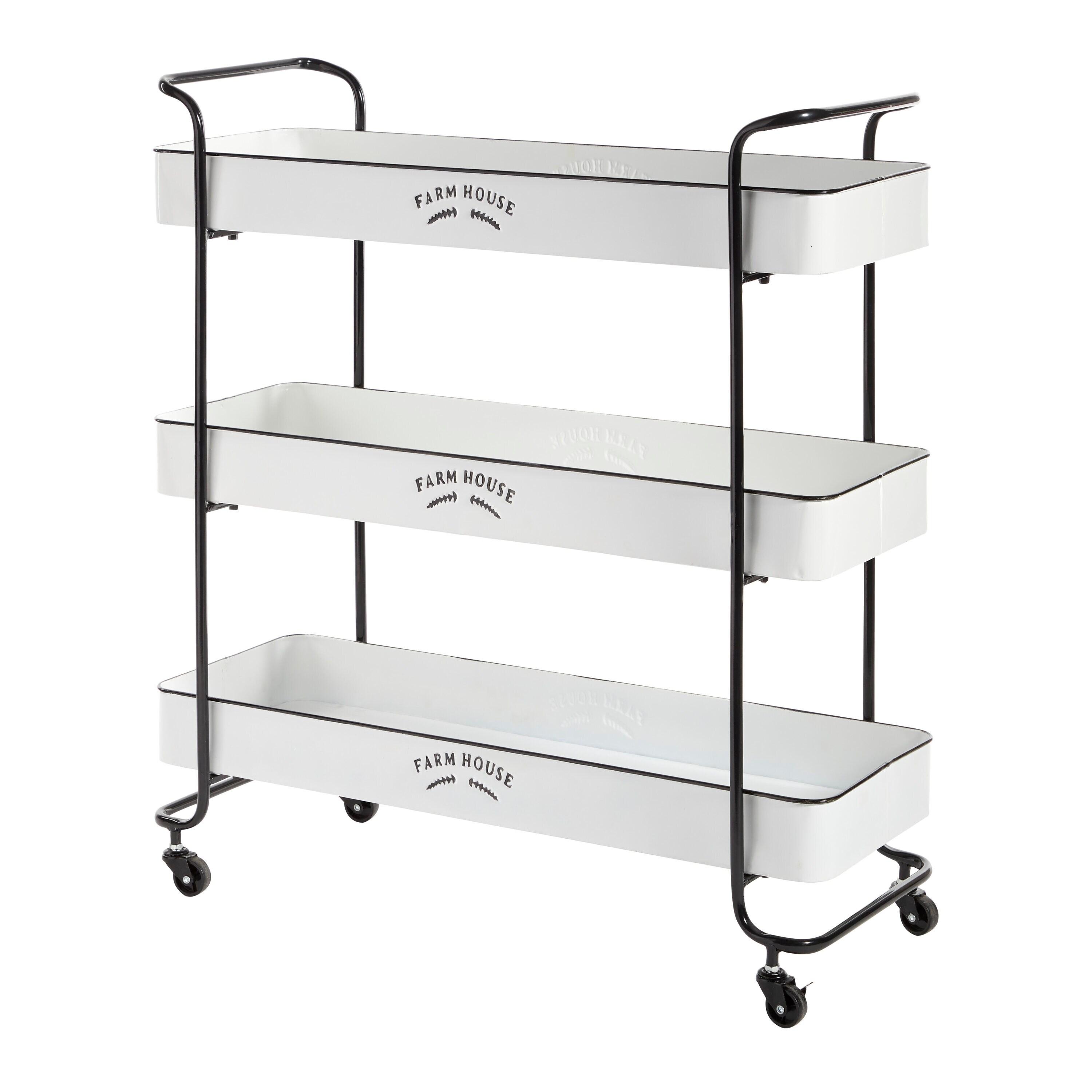 DecMode 32" x 35" White Metal Kitchen Rolling 3 Shelves Bar Cart with Black Accents and Farm House Design, 1-Piece