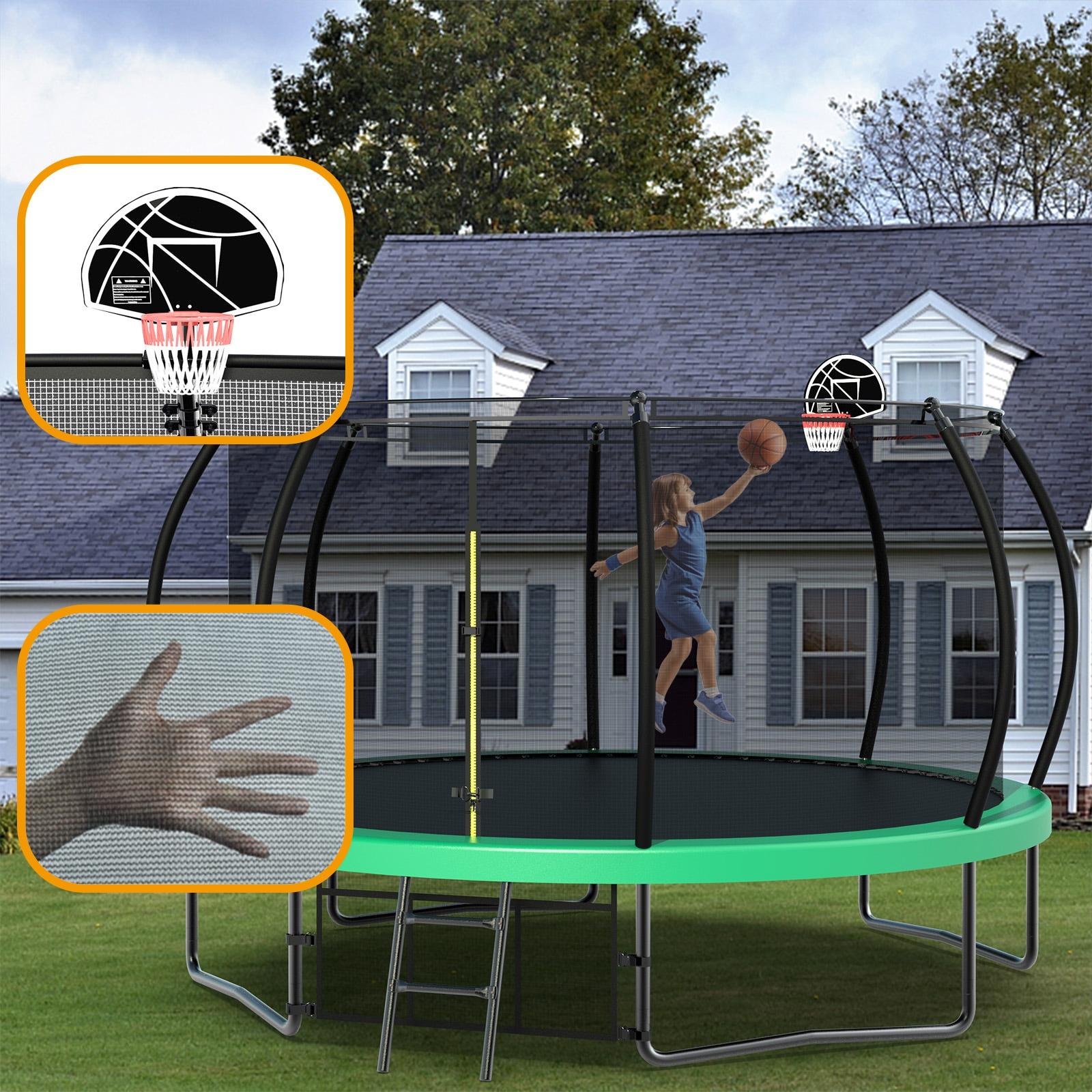 12FT Round Trampoline with Basketball Hoop for Kids, Outdoor Recreational Trampolines with Safety Enclosure Net & Ladder, 880 LBS Weight Capacity, Green