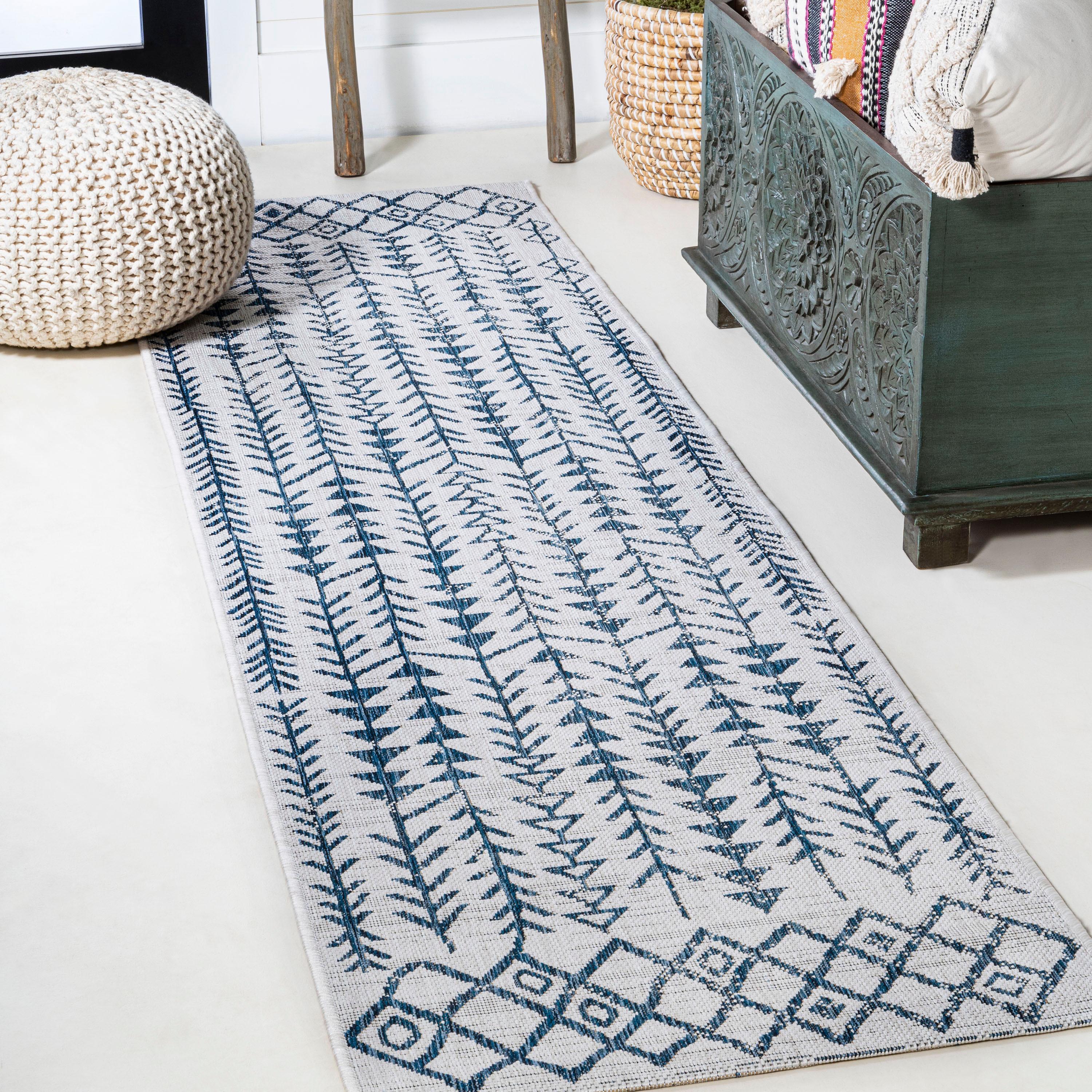 2'x8' Tokay Bohemian Styled Geometric Indoor/Outdoor Runner Rug, Ivory/Blue - JONATHAN Y