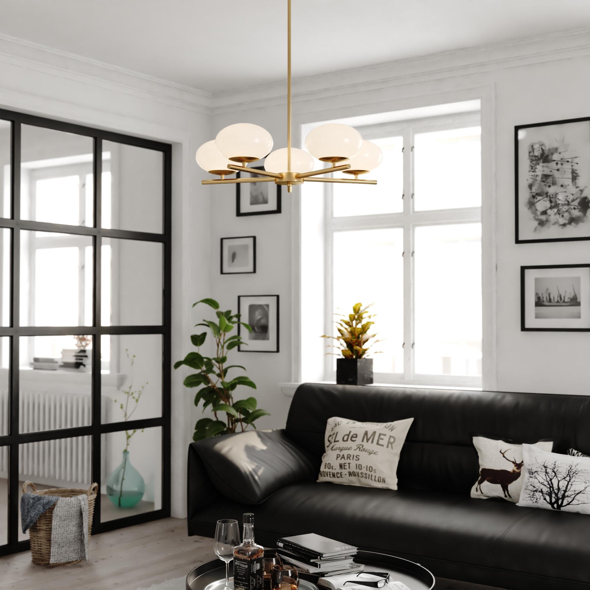 VAXCEL Sloane 5 Light LED Gold Satin Brass Mid-Century Modern Chandelier with White Glass Globes