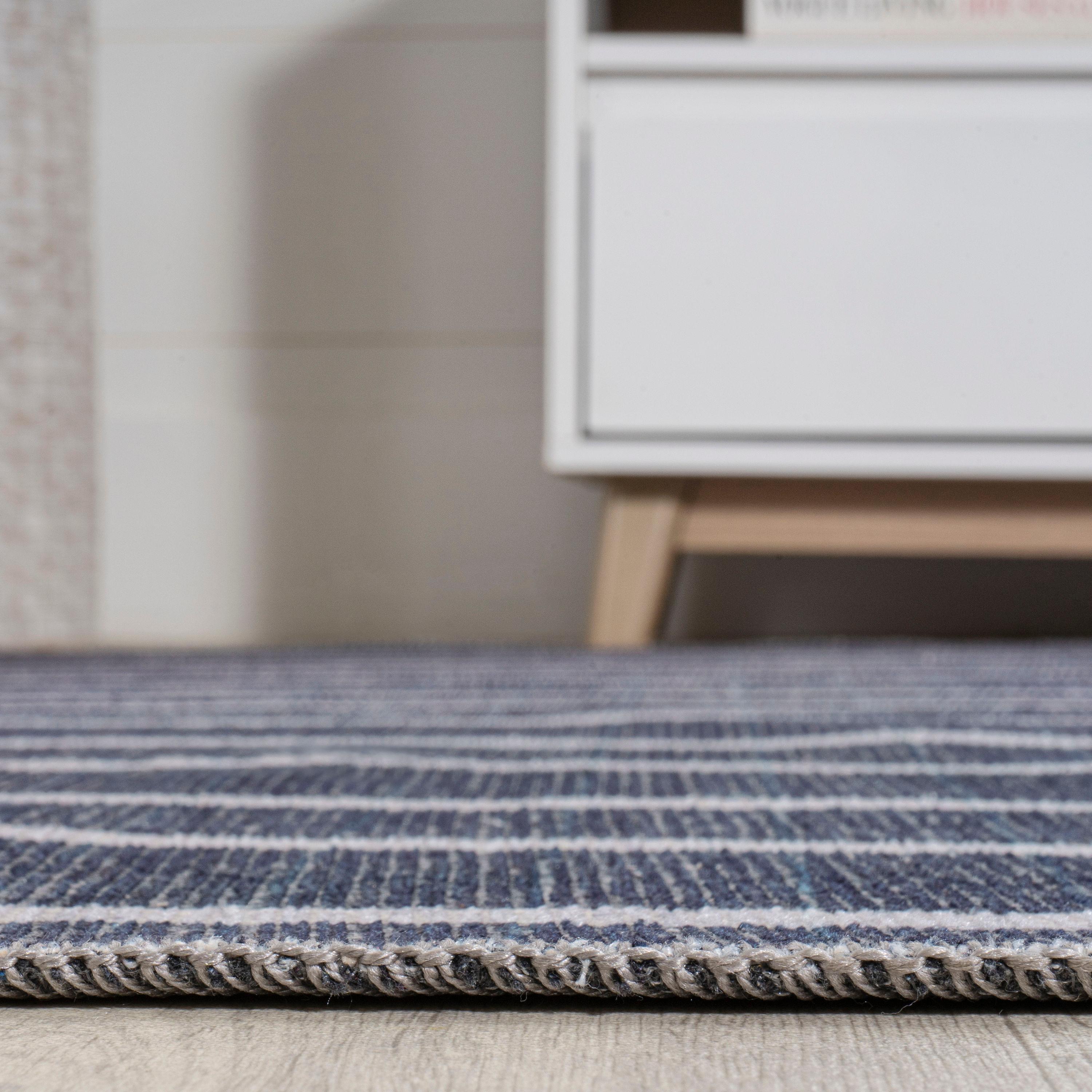 5' x 8' Rand Distressed Ticking Stripe Machine-Washable Area Rug, Navy/Ivory - JONATHAN Y