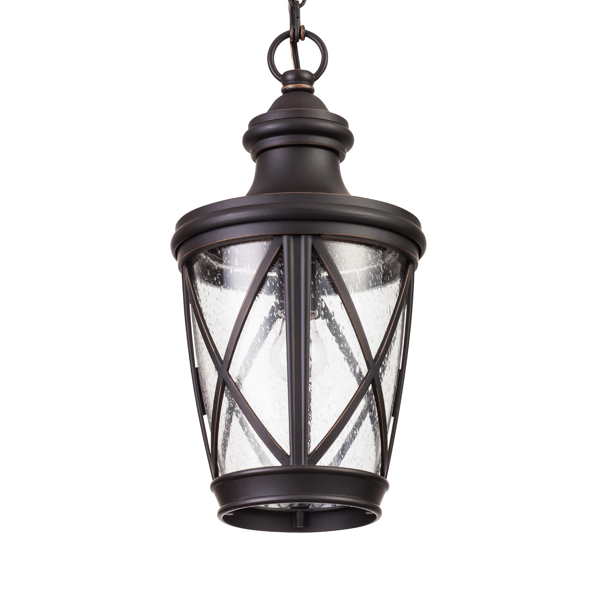 allen + roth Castine Bronze Craftsman Seeded Glass Lantern Led Medium Outdoor Hanging Pendant Light