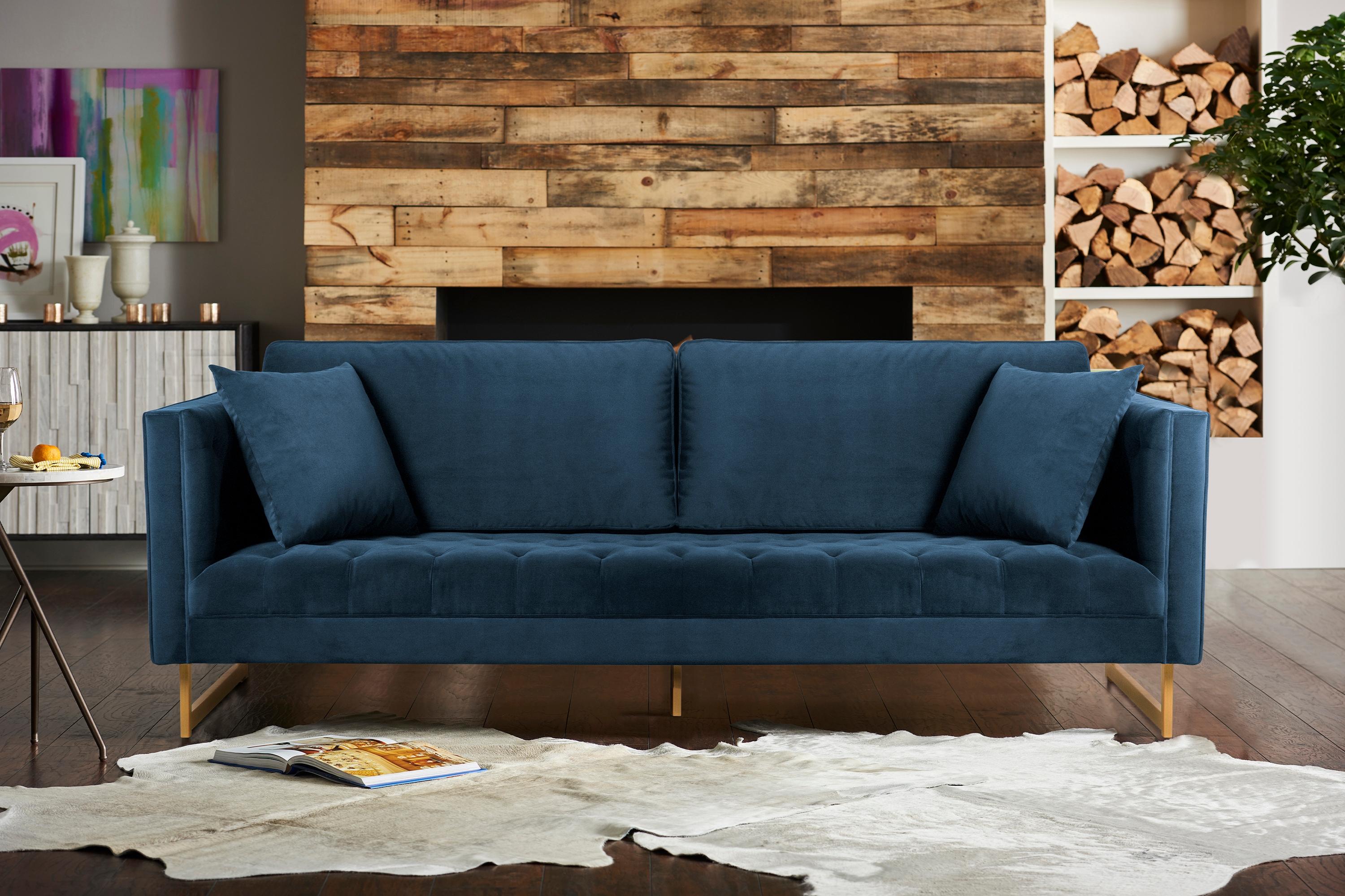 Lenox Blue Velvet Sofa with Brass Legs