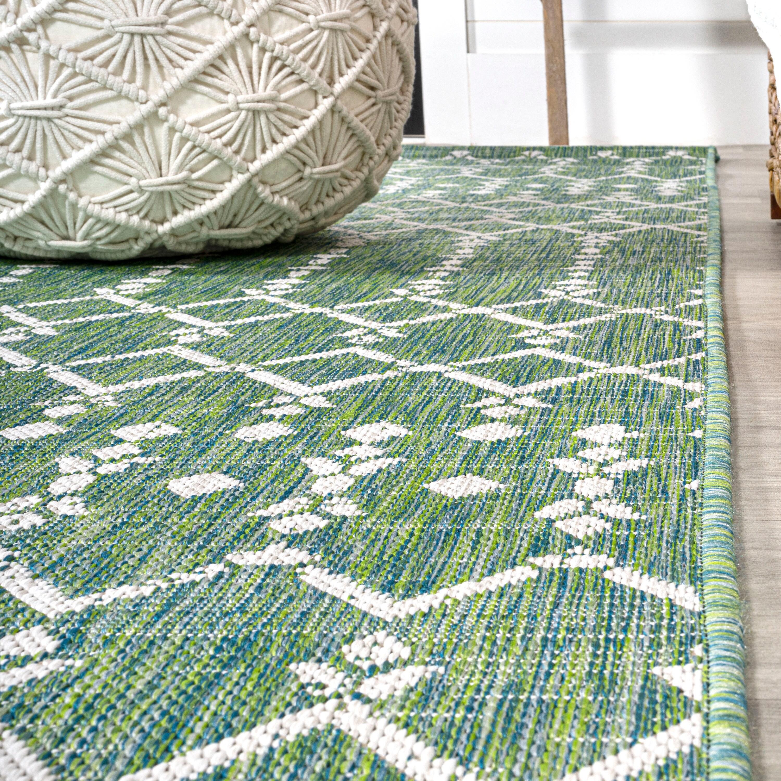 3' x 5' Ourika Moroccan Geometric Textured Weave Indoor/Outdoor Area Rug, Green/Cream - JONATHAN Y