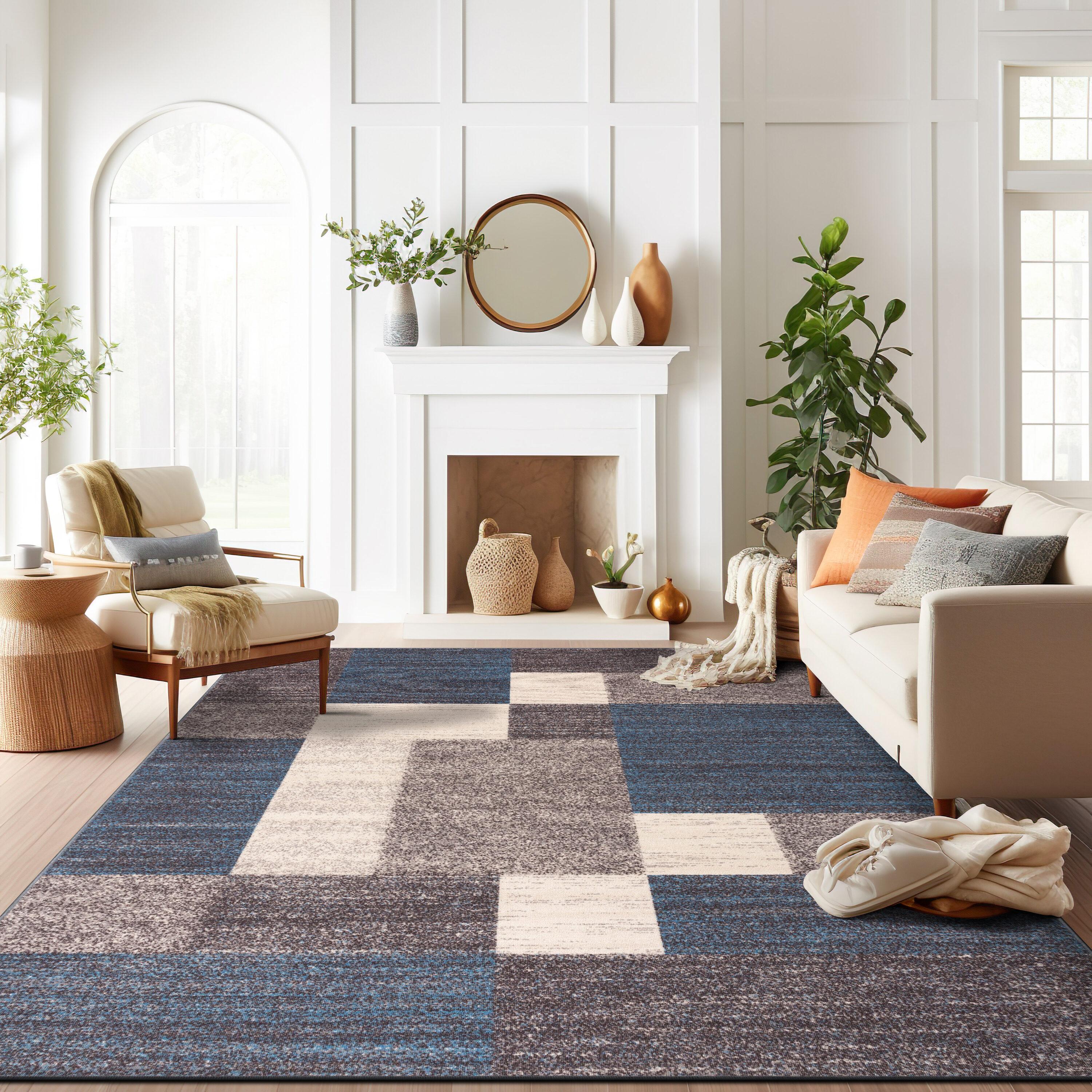 World Rug Gallery Modern Boxes Design Non-slip (Non-skid) Blue 3'3" x 5' Area Rug