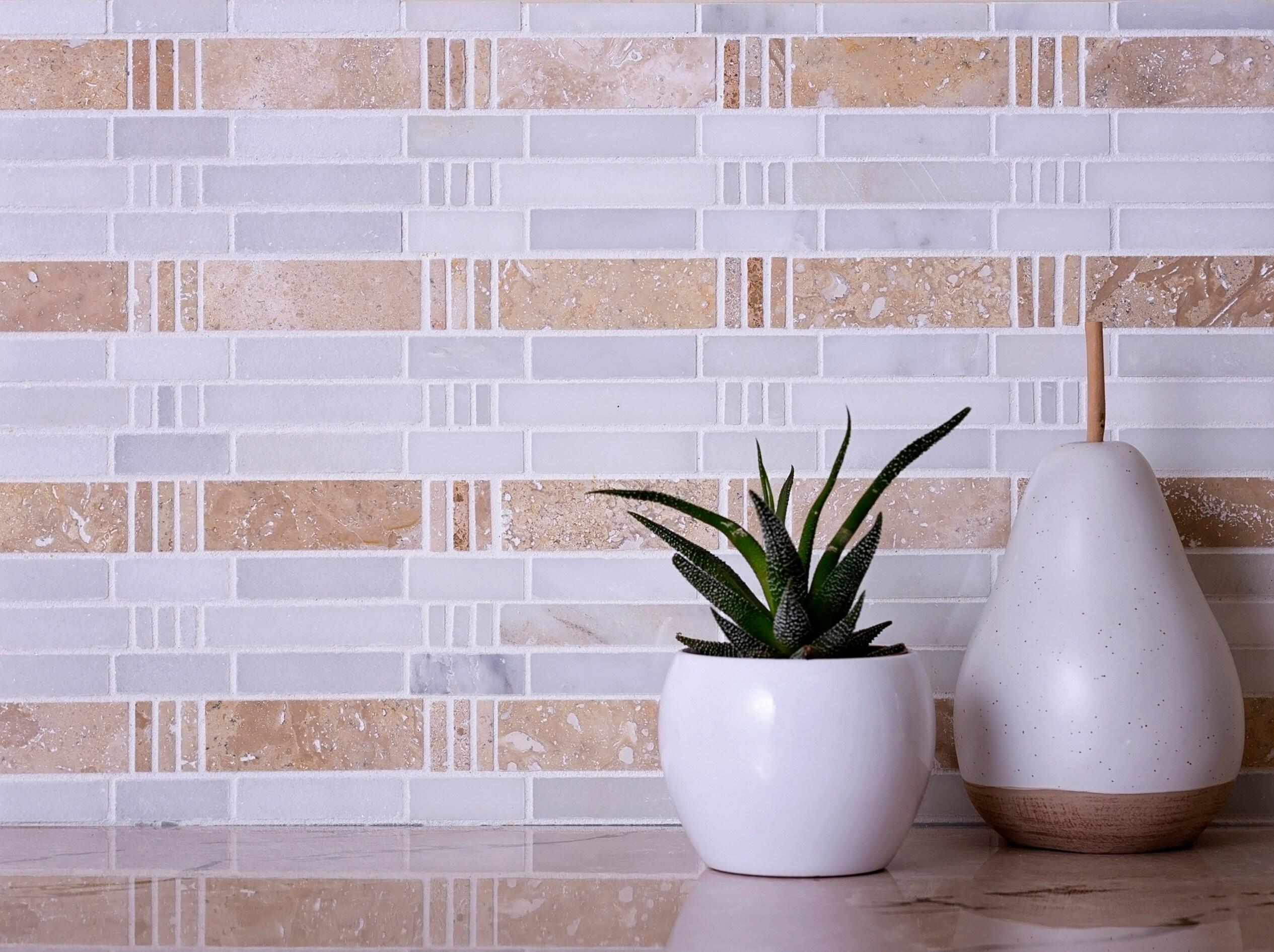 5 pack Beige and White 12 in. x 12 in. Bamboo Polished Marble Mosaic Floor and Wall Tile (5.00 sq. ft./Case)