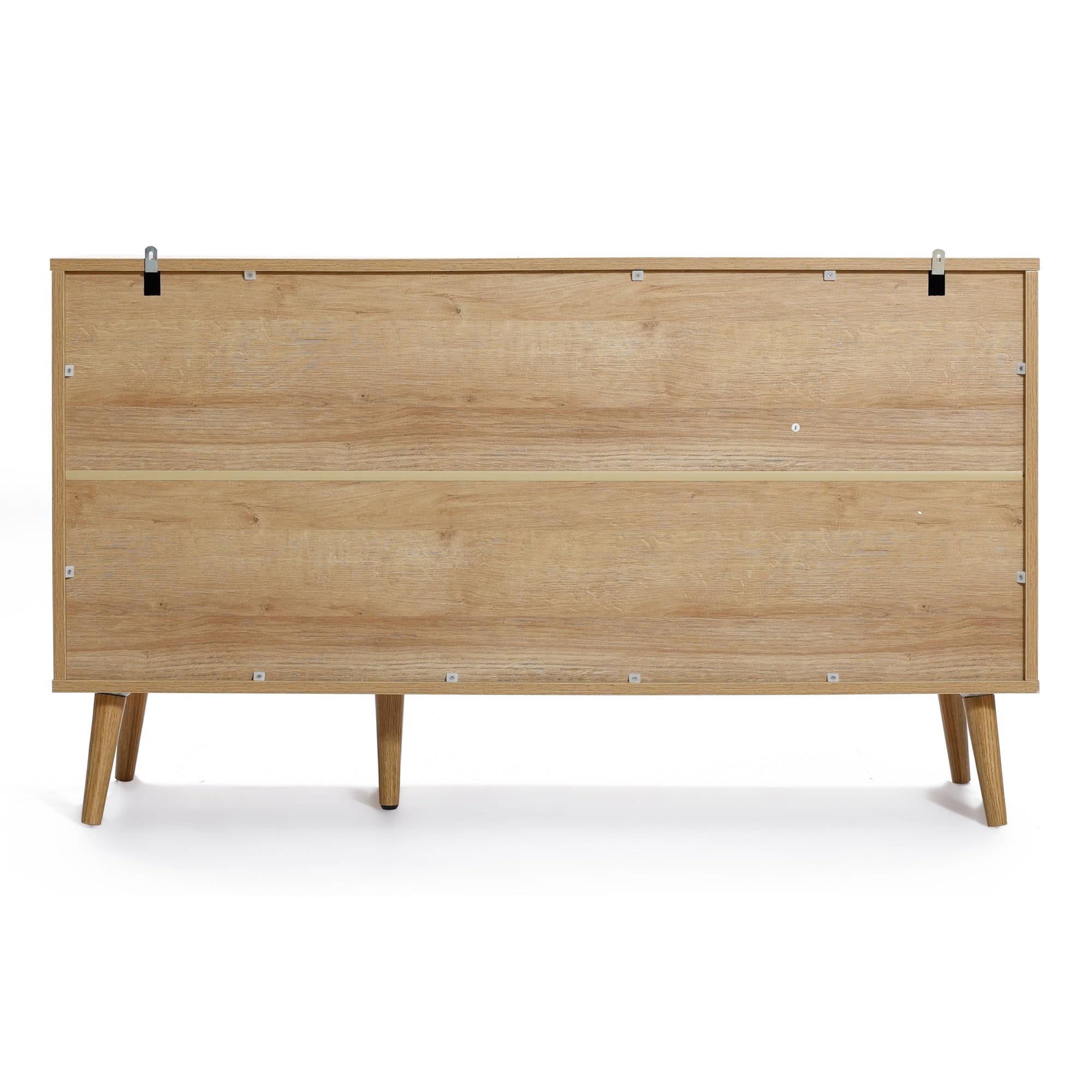 LuxenHome Rattan Buffet Cabinet with Storage, 47" Light Oak Finish Wood Accent Sideboard Cabinet with 3-Door, Boho Coffee Bar Console Table
