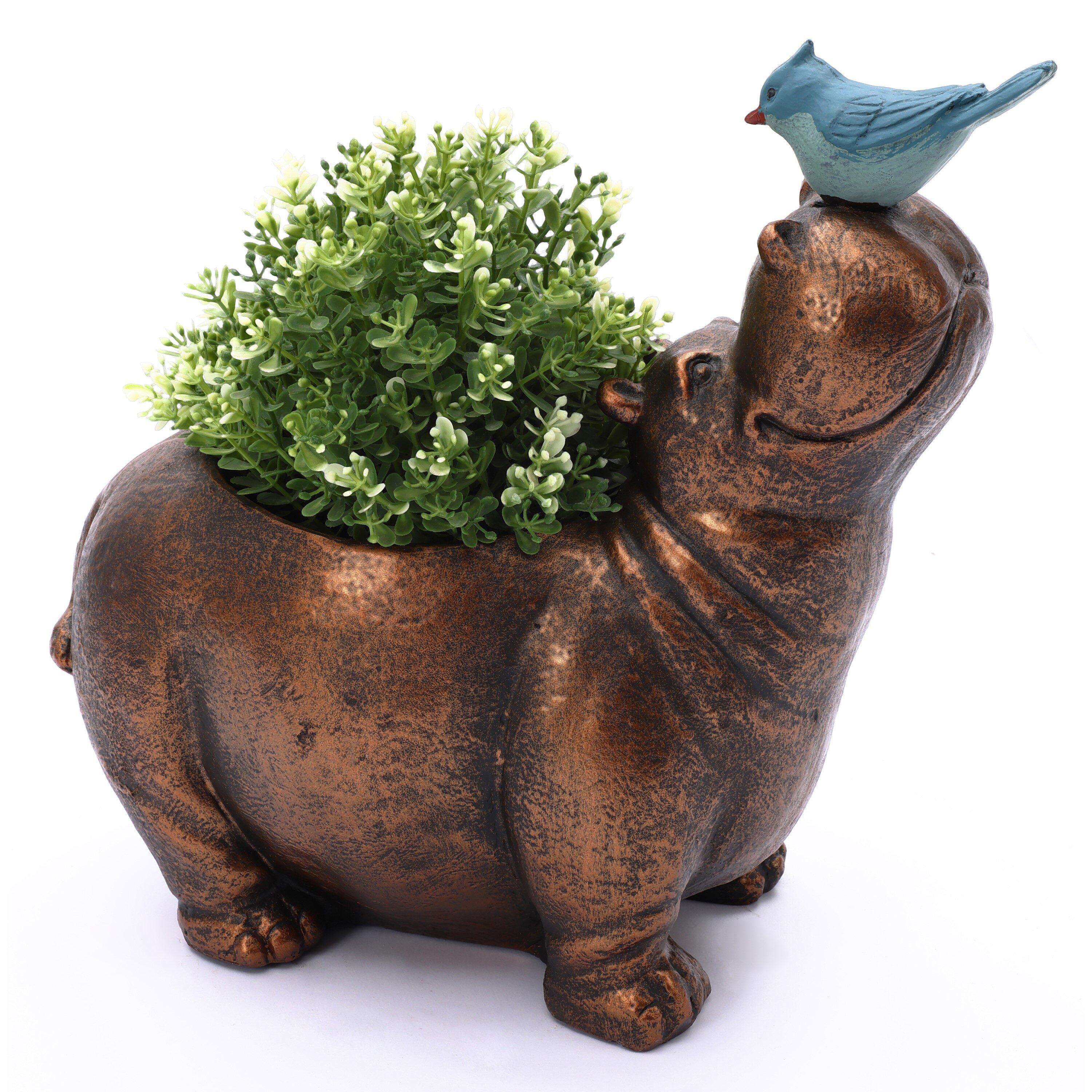 LuxenHome Brown Hippo and Blue Bird MgO Flower Pot Planter