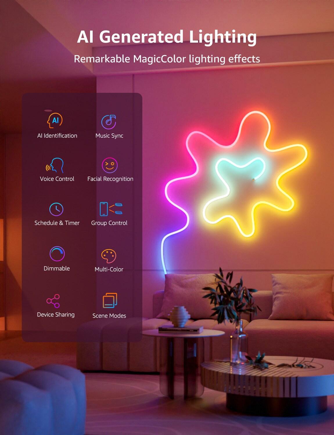 Lepro Lepro N1 AI Smart RGB Rope Lights, LLM AI Generated Lighting, LightBeats Music Sync, Color Segment DIY, Voice Control Via App, Wi-Fi & Bluetooth LED Strip Lights (Set of 6)