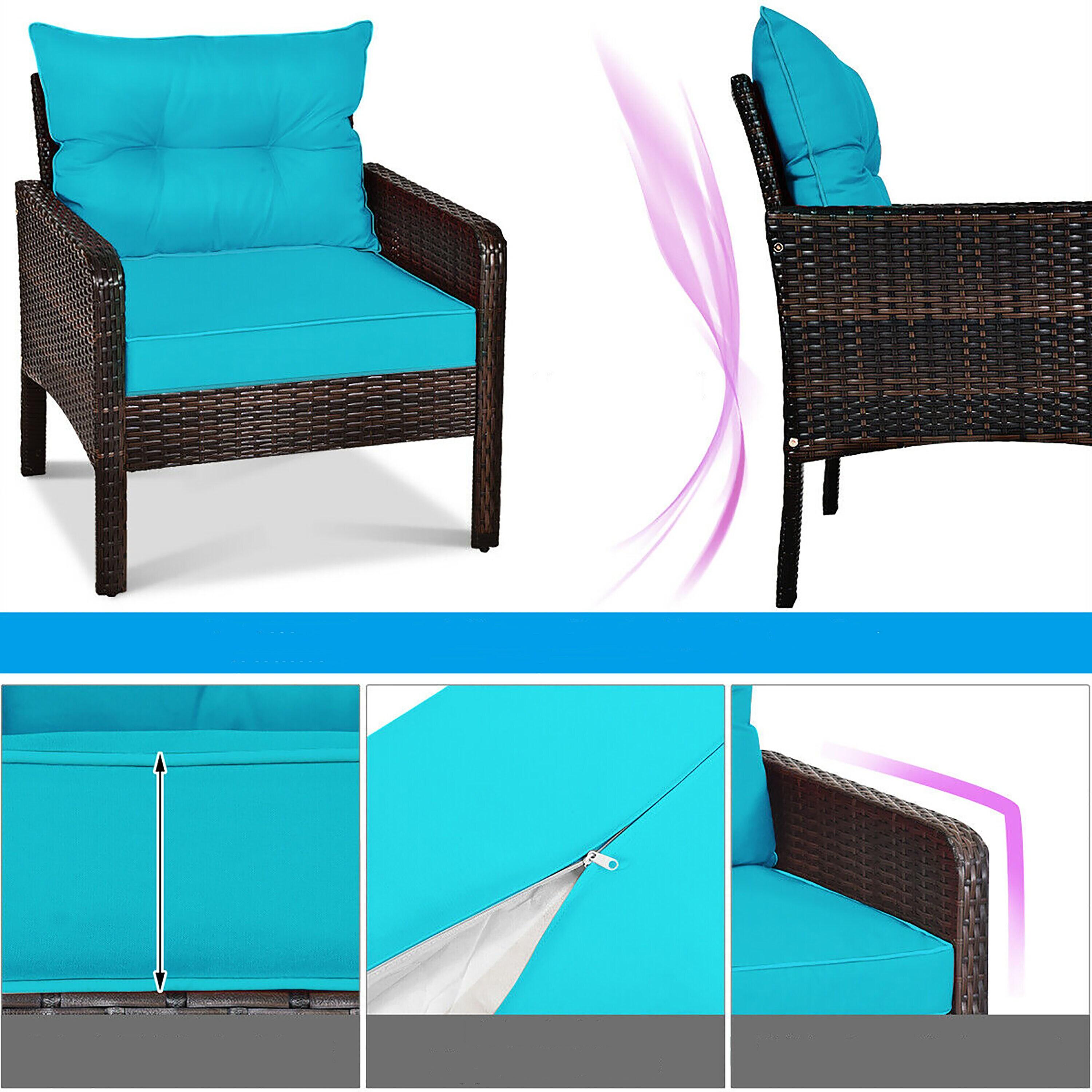 Spaco 5 Pieces Patio Rattan Sofa Ottoman Furniture Set with Cushions, Conversation Set with 2 Single Chairs, 2 Ottomans and A Side Table, Ottoman Furniture Set for Outdoor, Turquoise