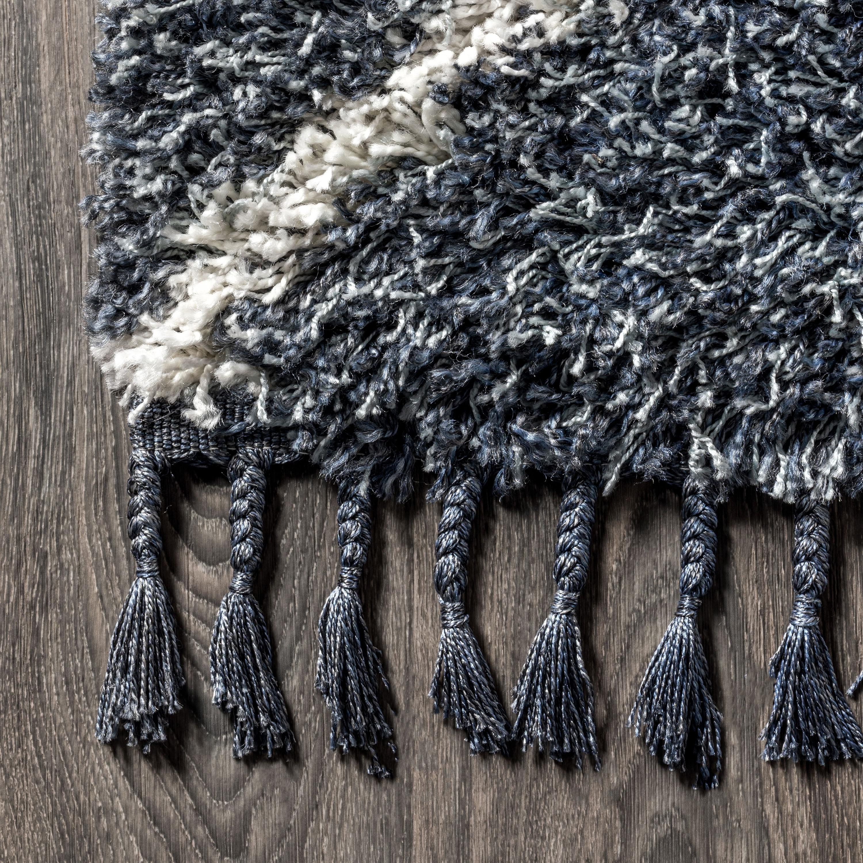 JONATHAN Y MCR105A-5 Mercer Shag Plush Tassel Moroccan Diamond Denim Blue/Cream 5 ft. x 8 ft. Area Rug, Shags Bohemian, Pet Friendly, Stain Resistant, Easy to Clean, for Living Room; Kitchen, Bedroom