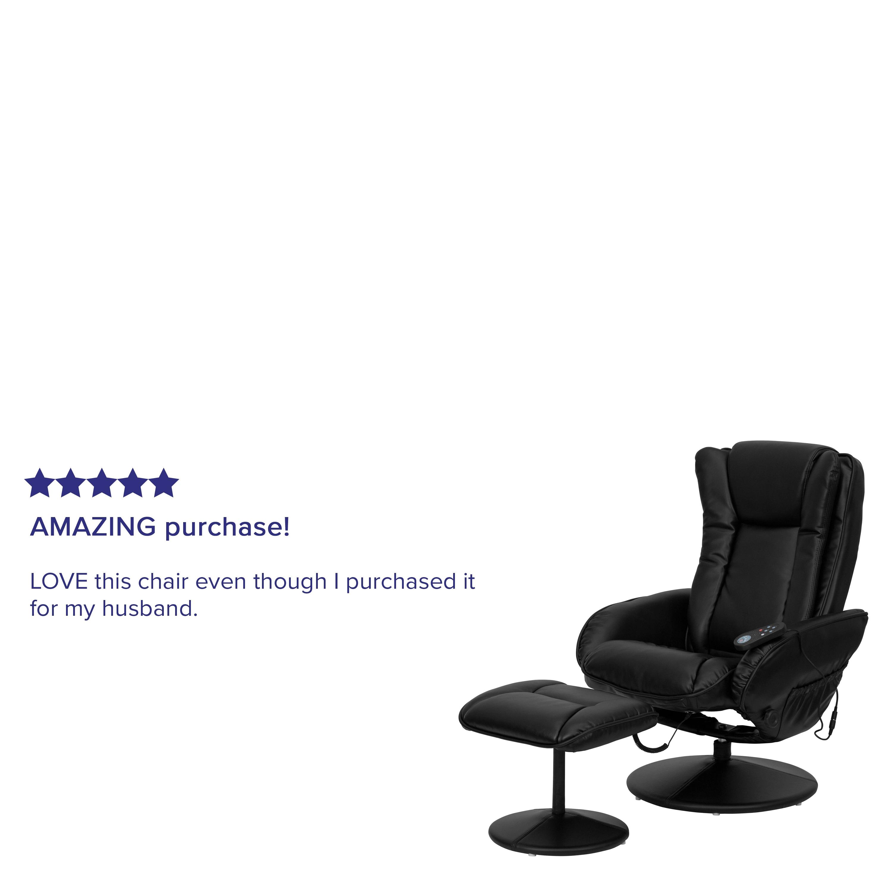 Flash Furniture Poppy Massaging Multi-Position Plush Recliner with Side Pocket and Ottoman in Black LeatherSoft
