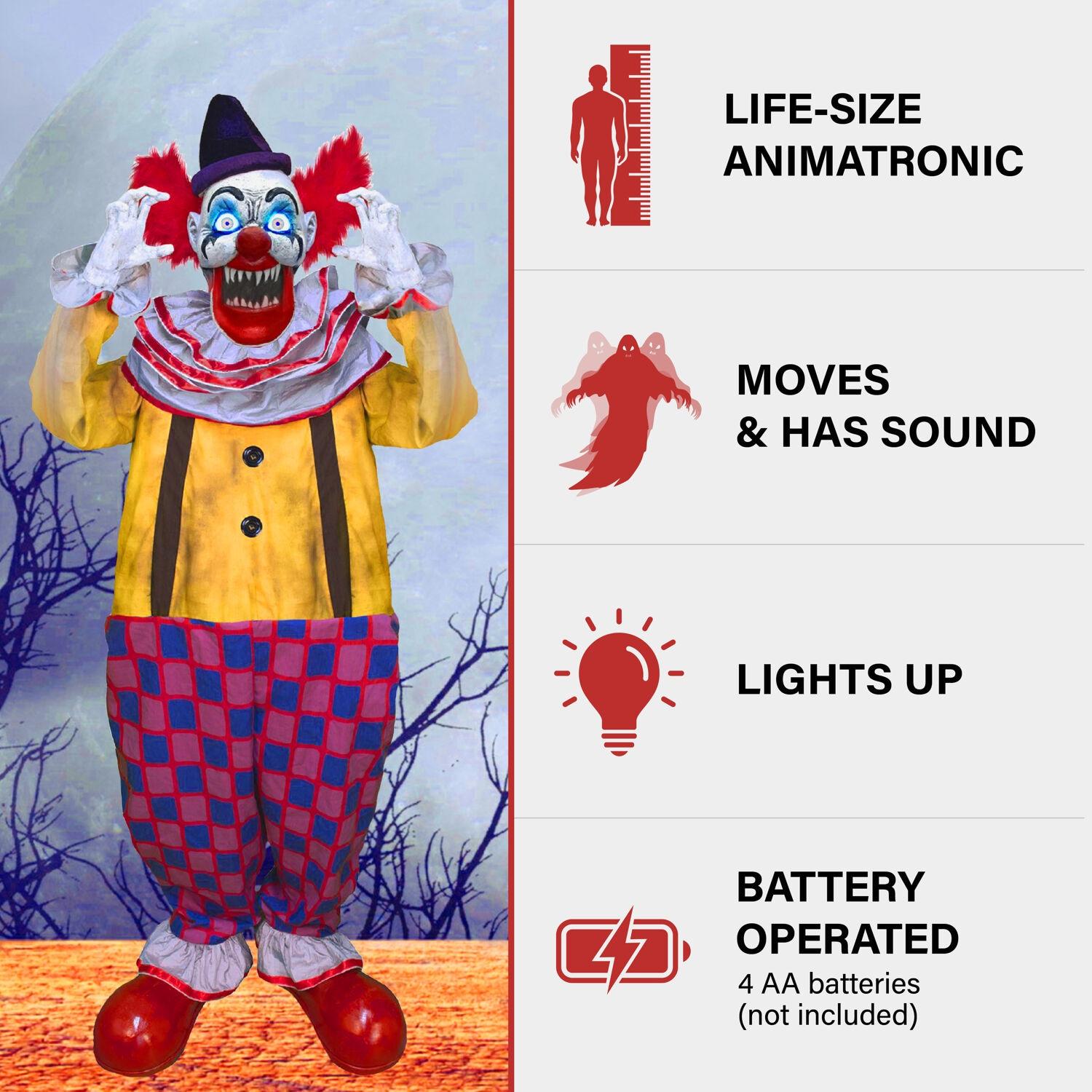 Haunted Hill Farm Puddin the Startling Arms Clown by Tekky, Talking Halloween, Plug-In or Battery