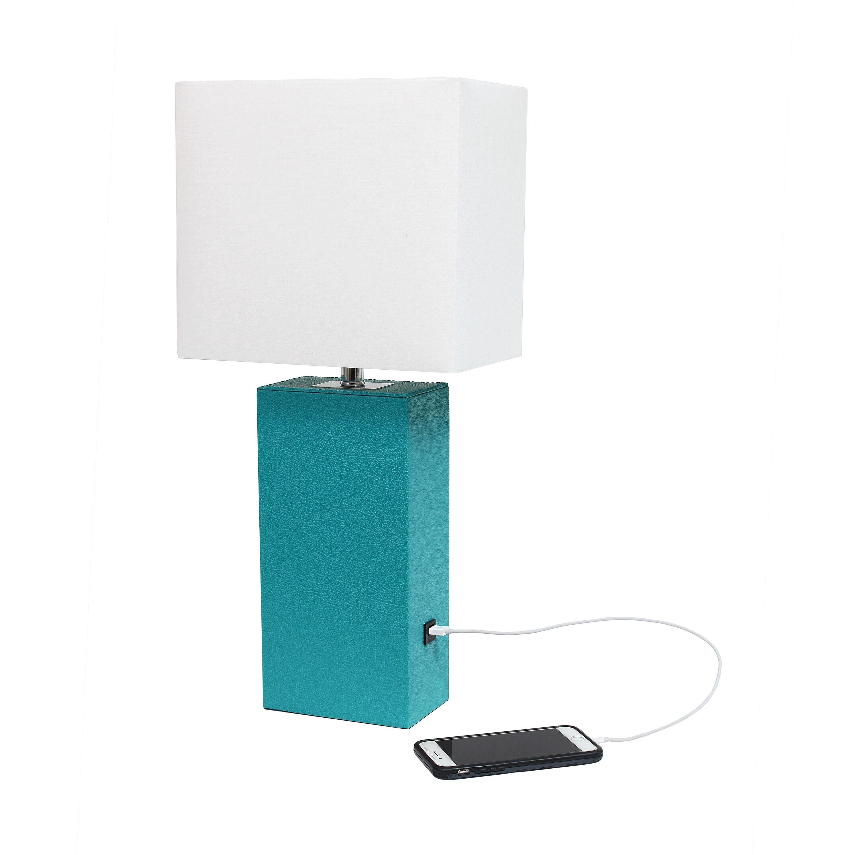 21" Lexington Leather Base Modern Home Decor Bedside Table Lamp with USB Charging Port and Fabric Shade Teal Green/White - Lalia Home: No Assembly