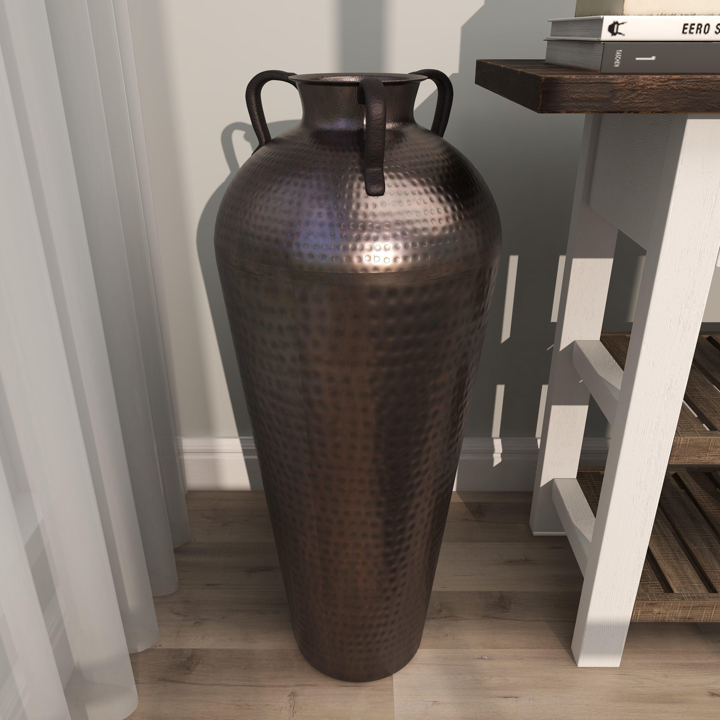 DecMode 32" Tall Floor Mediterranean Style Brown Metal Vase with Hammered Details and Handles