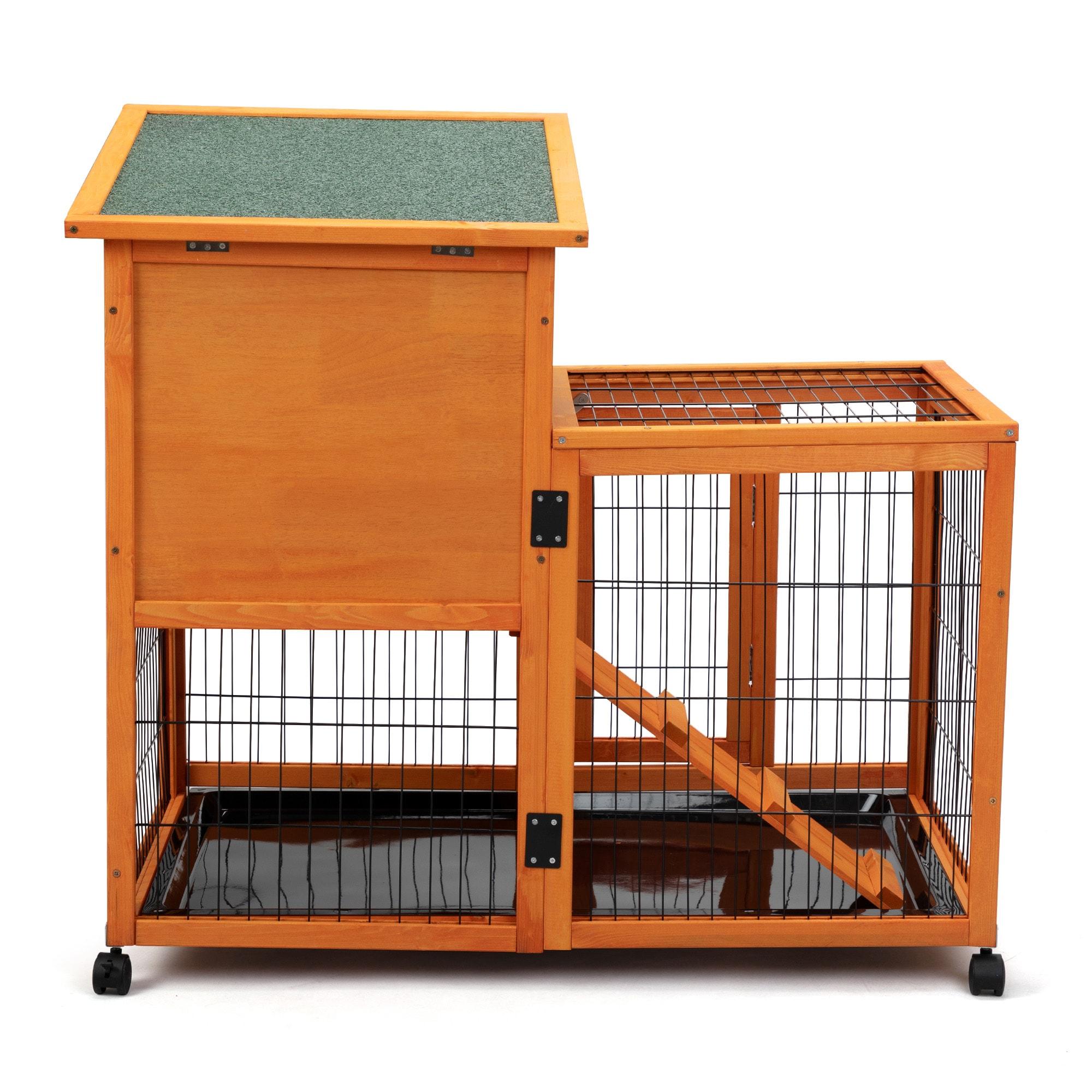 COZIWOW Wooden Rabbit Hutch Hamster Habitat Bunny House Outdoor w/ 4 Casters 2 Cleaning Trays