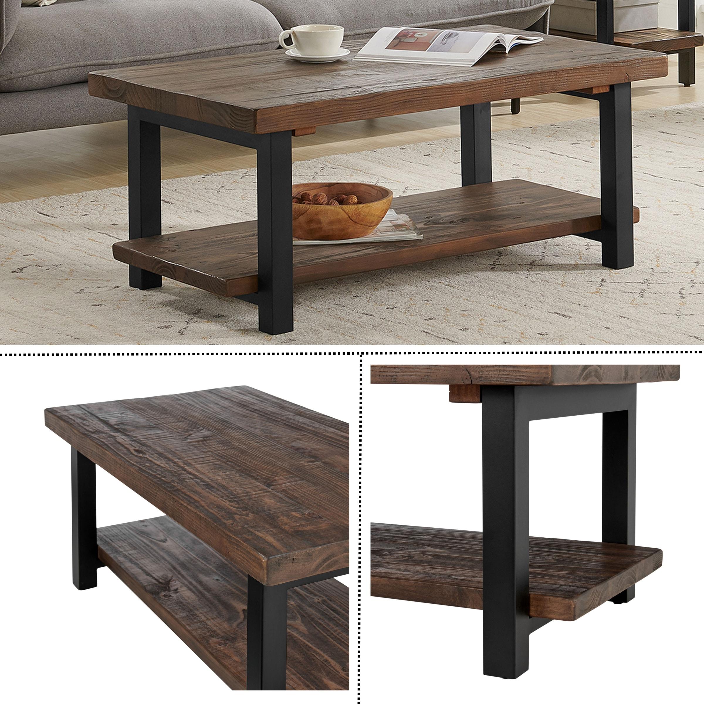 Alaterre Furniture 42" Pomona Wide Coffee Table Wood Rustic Natural: Fixed Shelf, Metal Frame, Living Room Furniture