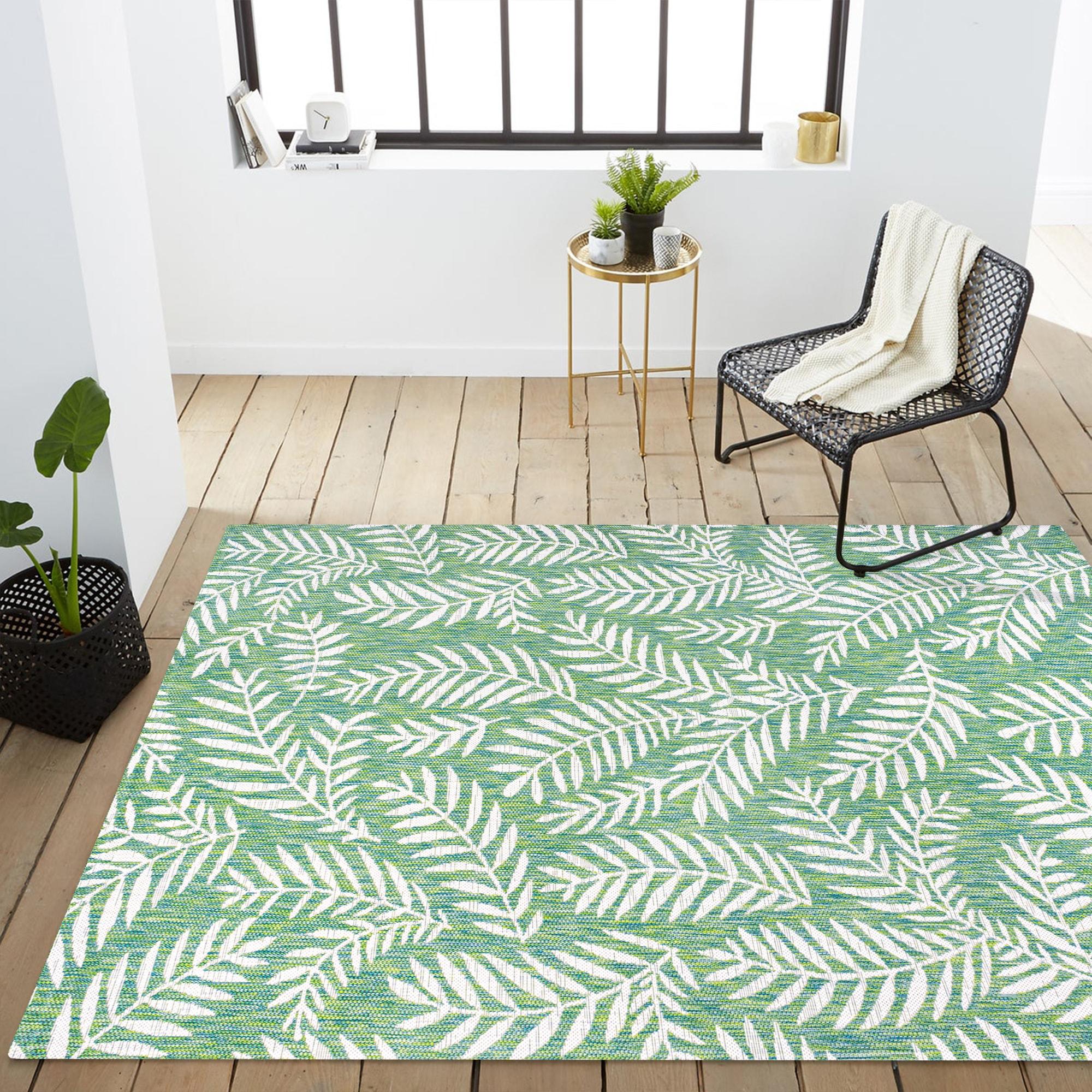 3' x 5' Nevis Palm Frond Indoor/Outdoor Area Rug, Cream/Green - JONATHAN Y