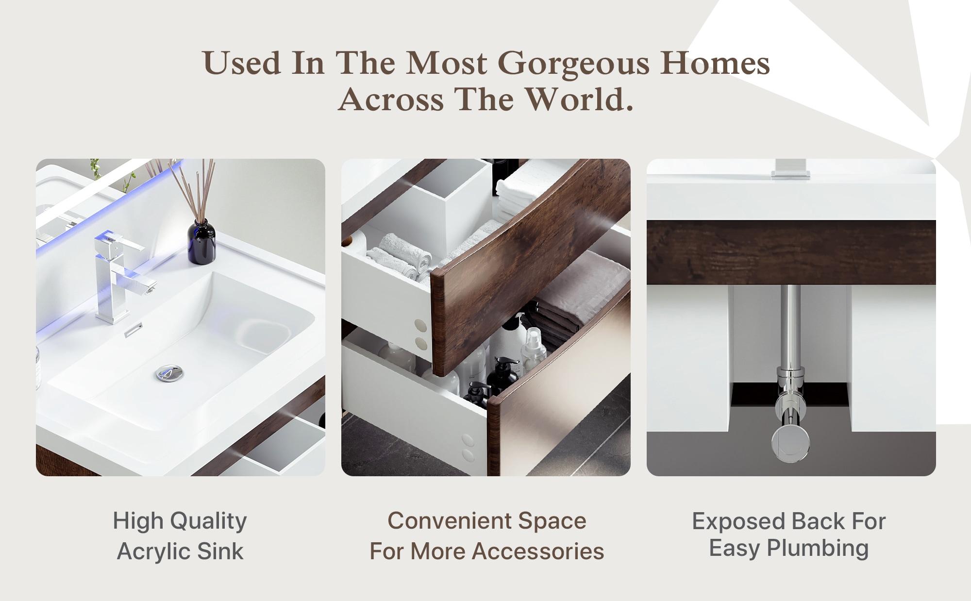 Eviva Smile 30" Rosewood Modern Bathroom Vanity Set with Integrated White Acrylic Sink