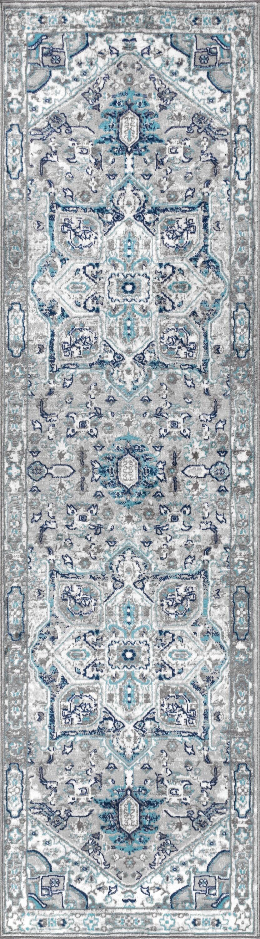 2'x8' Modern Persian Vintage Medallion Runner Rug, Light Grey/Blue - JONATHAN Y