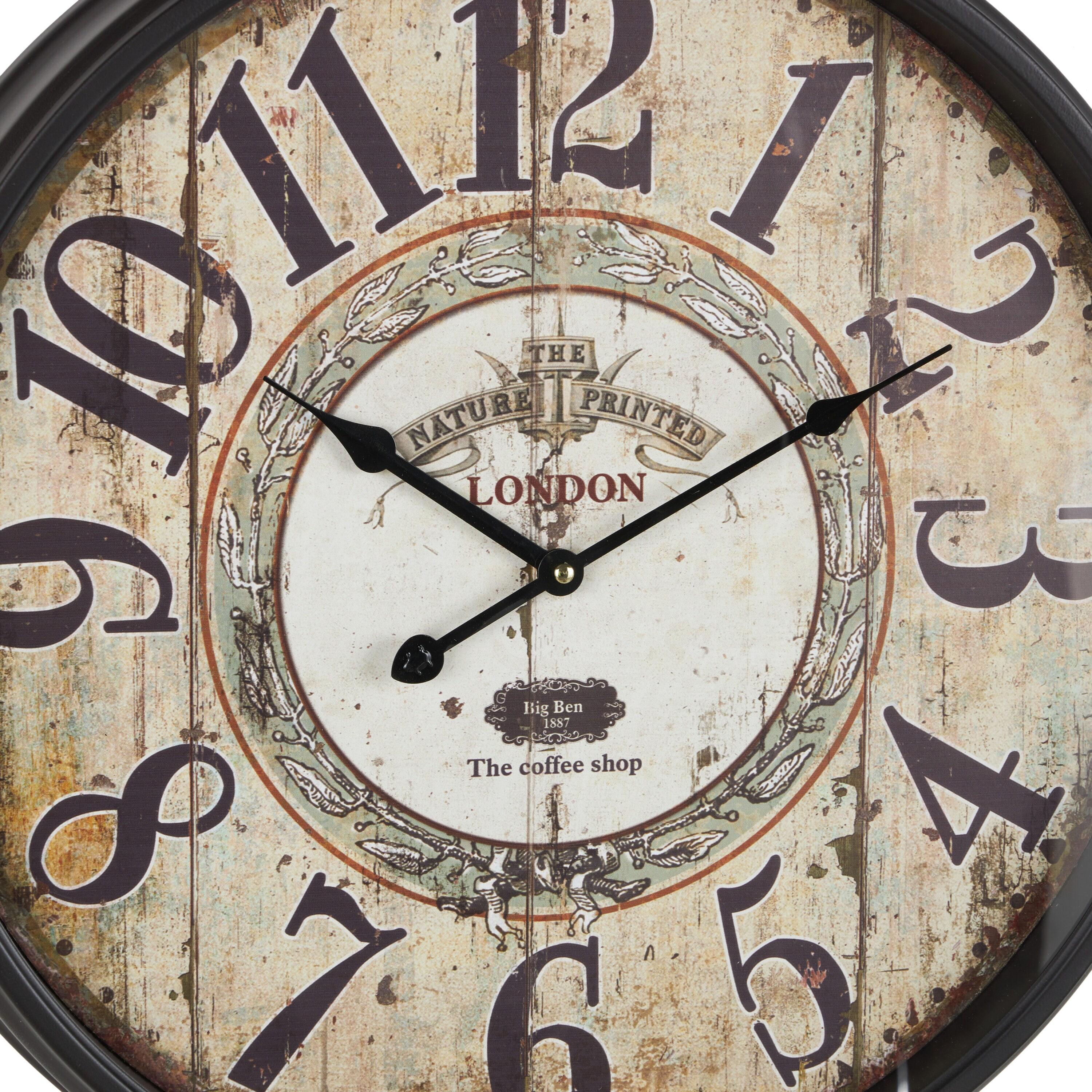 DecMode 20" Black Metal Finial Distressed Pocket Watch Inspired Wall Clock with Beige Clockface