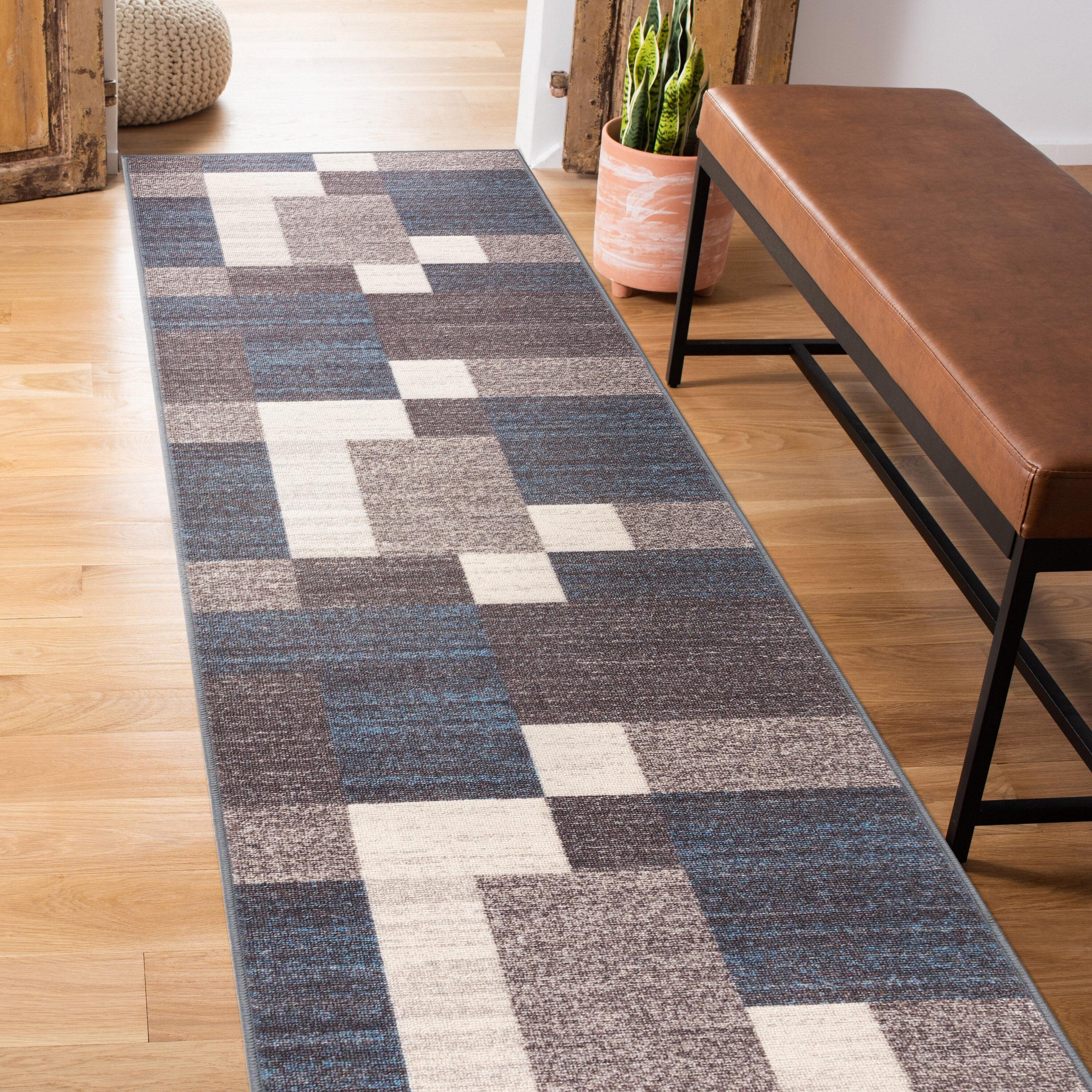 World Rug Gallery Modern Boxes Design Non-slip (Non-skid) Blue 22" x 84" Indoor Runner Rug:  Low Pile Area Rug