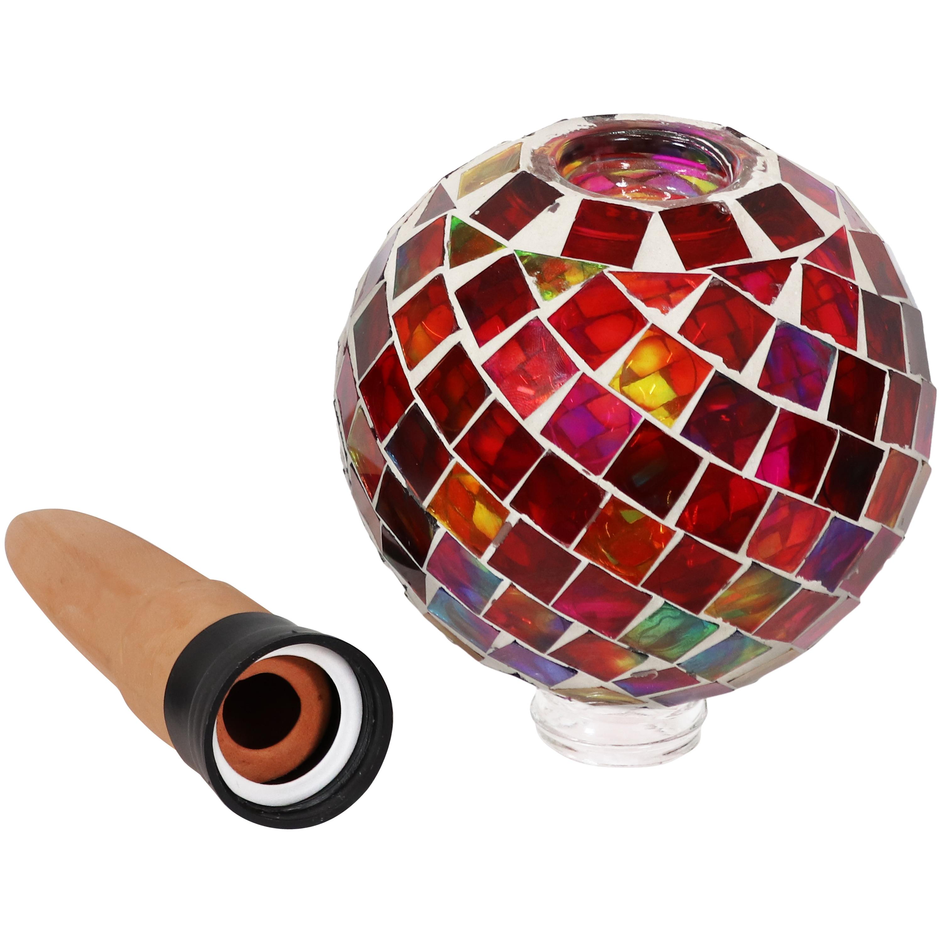 Sunnydaze Outdoor Mosaic Glass Watering Globe with Clay Spike for Planters - 9.5" - Magenta Medley