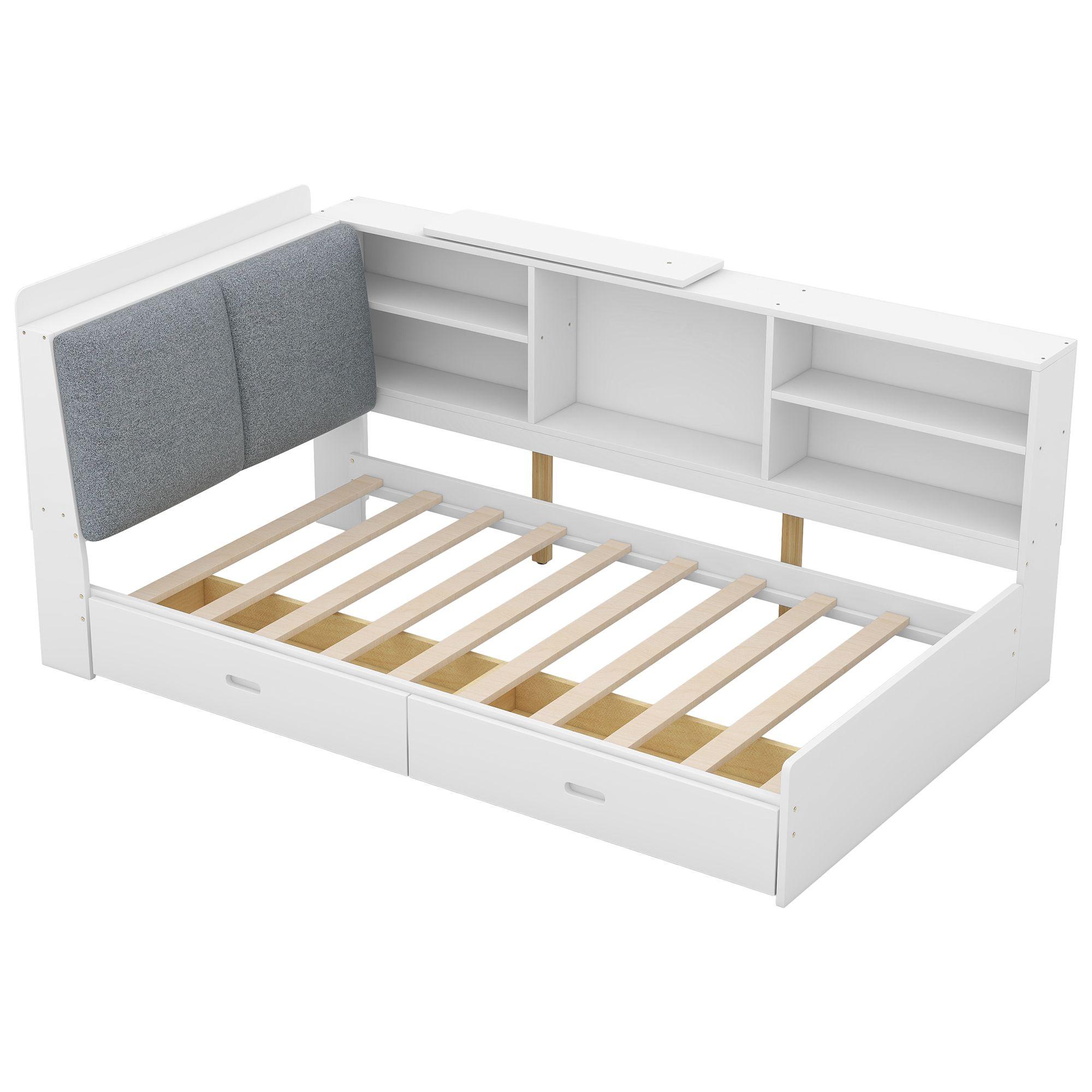 Bellemave Twin Size Platform Bed with Storage Drawers, Solid Wood Daybed with Storage Headboard and Bookcase, Sofa Bed Frame Upholstered Headboard for Kids Boys Girls（White)