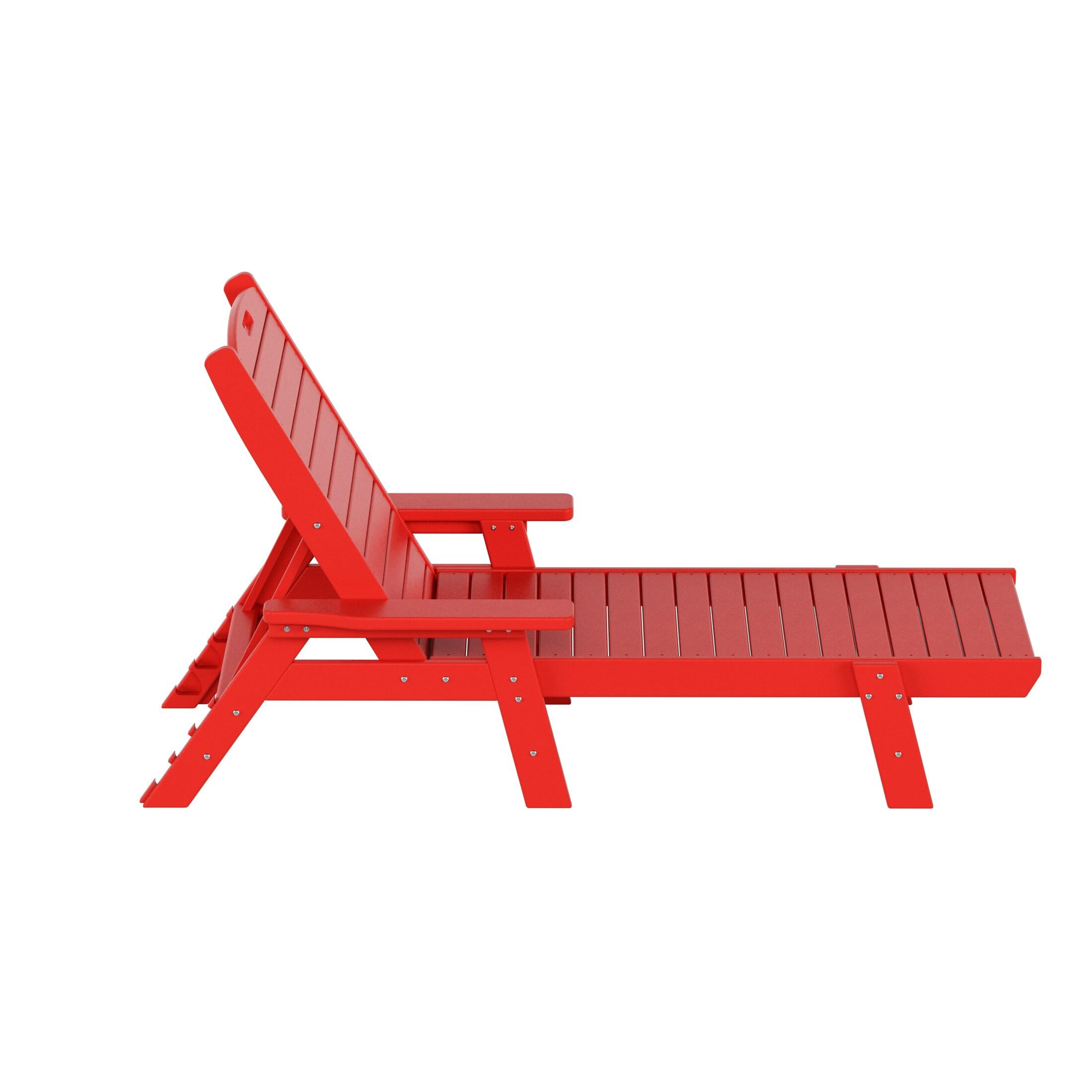 JUSTLET Adjustable Wheeled HDPE Plastic Outdoor Patio Lounge Chair W/ Cup Holder,78.3"x25.1"x16.3", Red