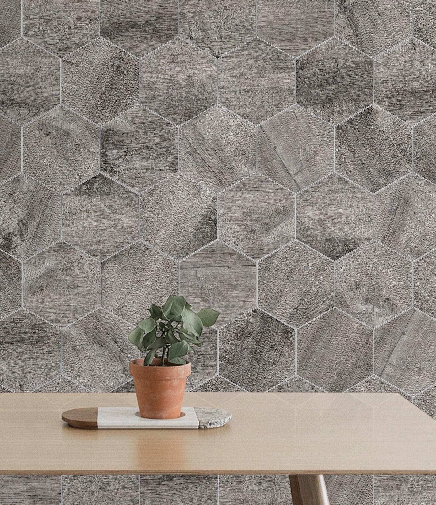 Hexagon Gray Wood Grain Peel and Stick Wall Tile