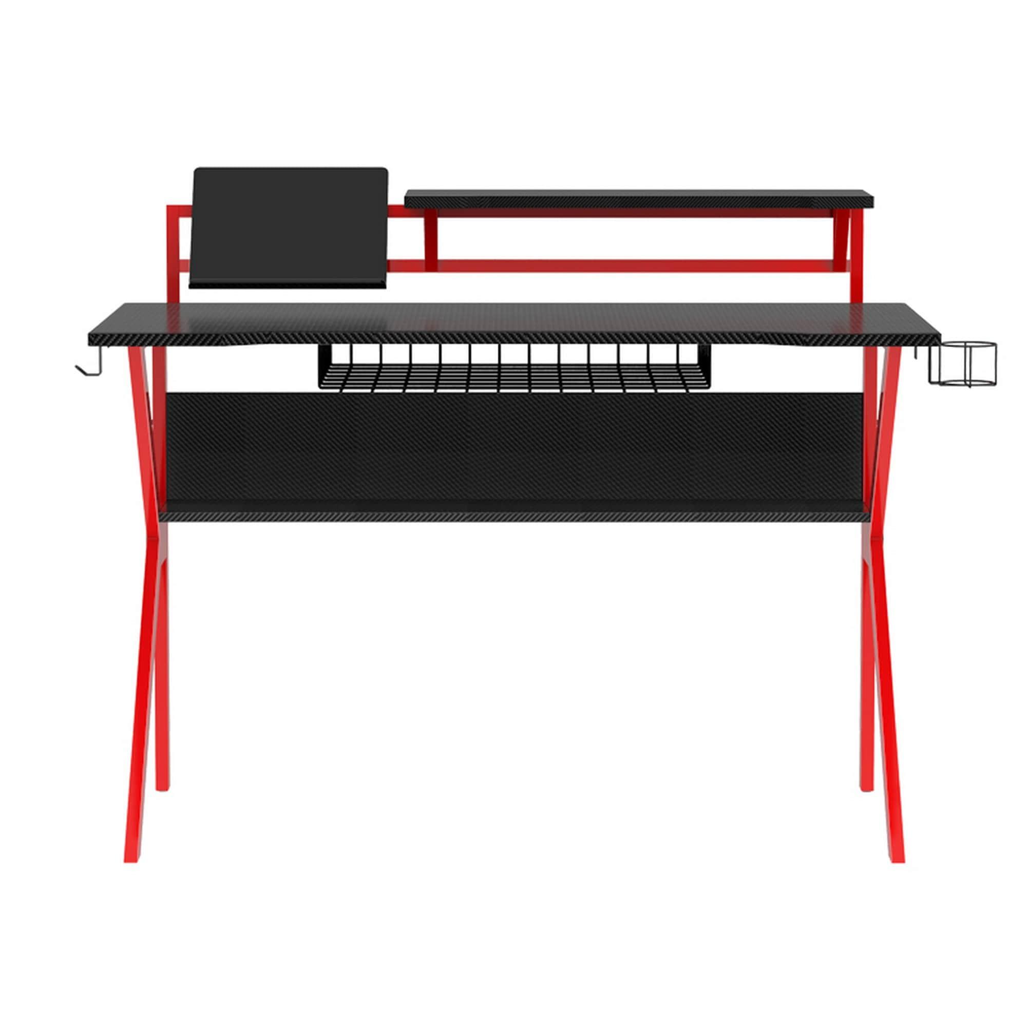 PVC Coated Ergonomic Metal Frame Gaming Desk Black/Red - The Urban Port: Elevated Monitor Shelf, K-Shaped Legs, Headphone Holder