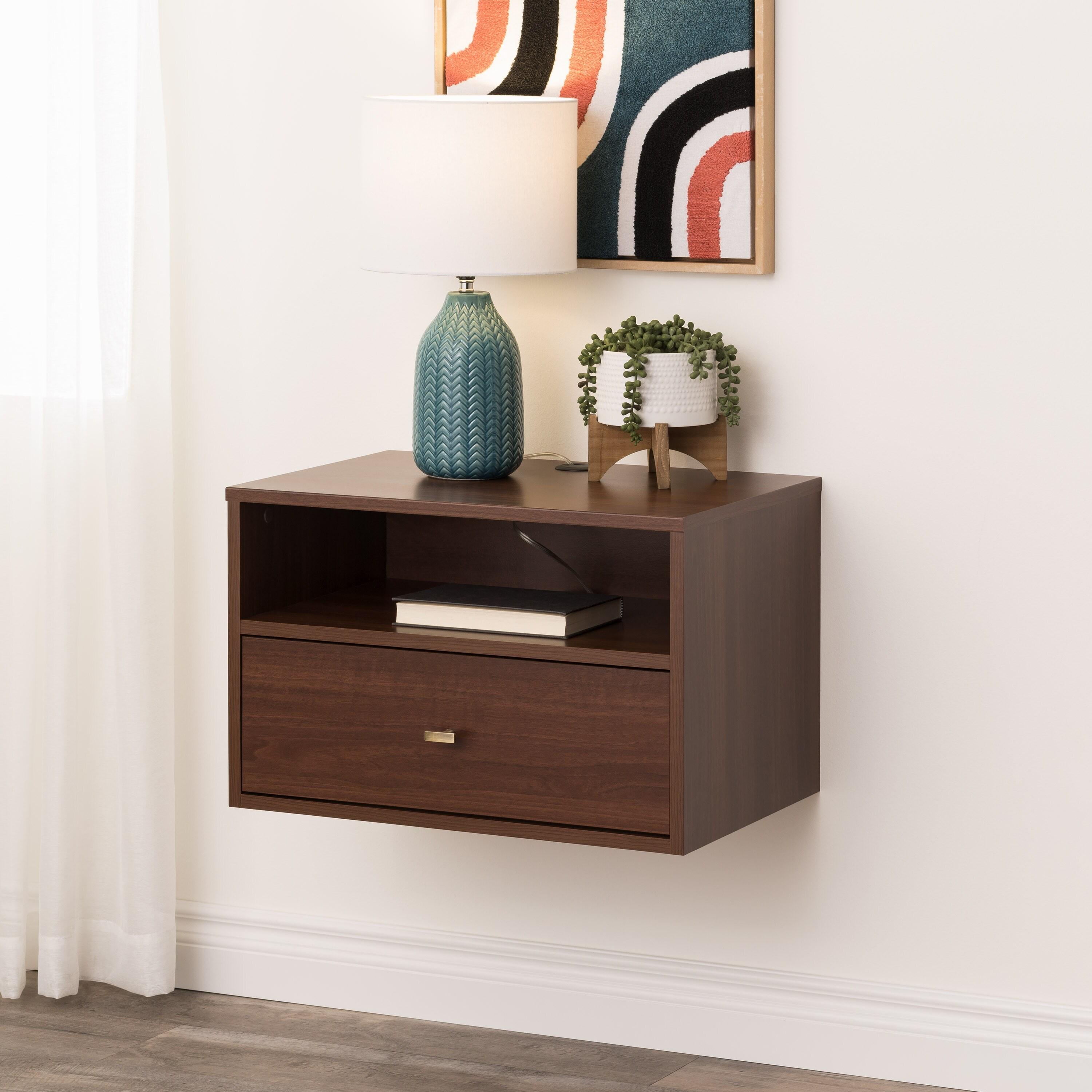 Floating 1 Drawer Nightstand with Open Shelf Cherry - Prepac: Laminated, Cable Management, Metal Glides