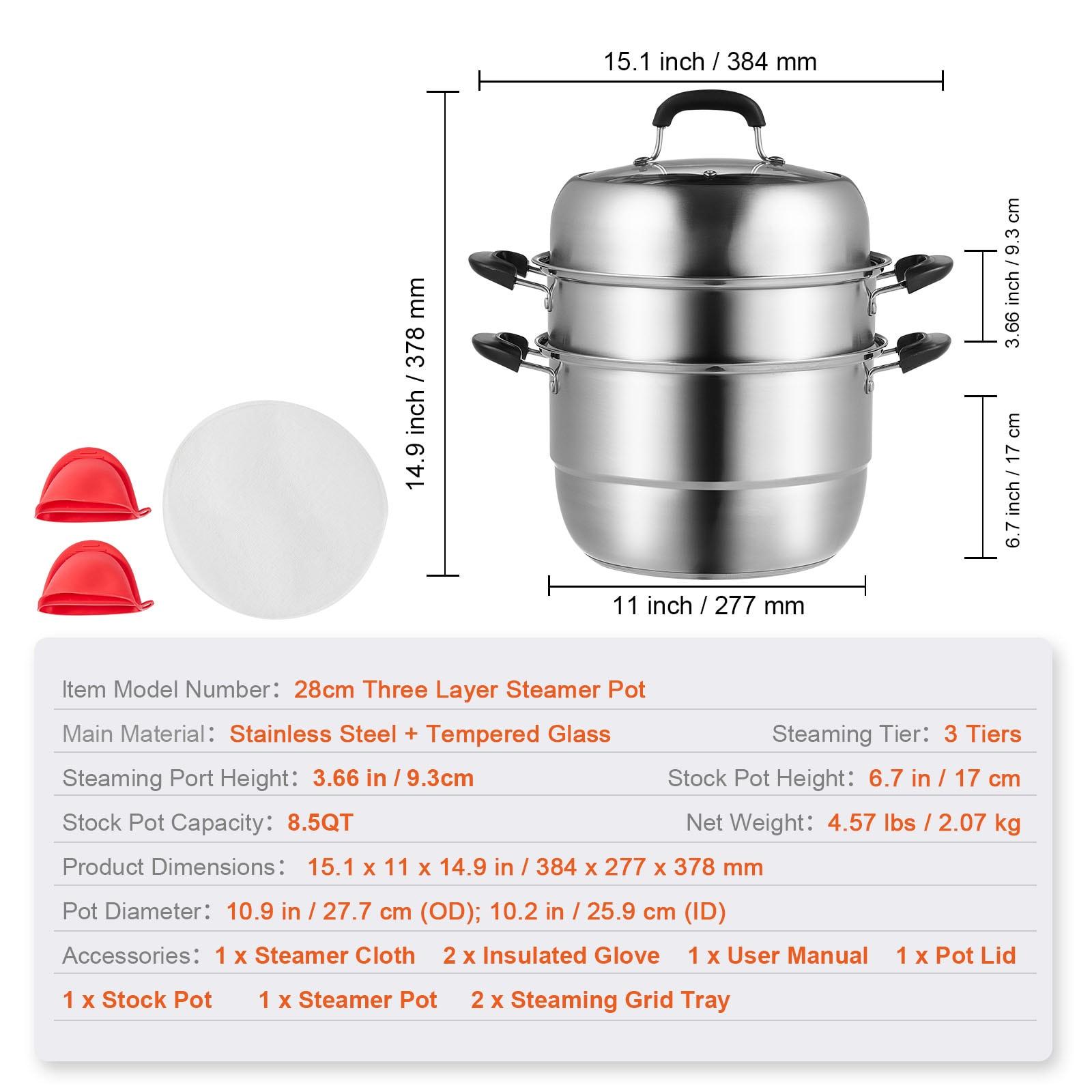 Stellweilan Tessberg Steamer Pot 11in/28cm, 3 Tier Steamer Pot for Cooking with 8.5QT Stock Pot, Vegetable Steamer & 2 Steaming Tray, Food-Grade 304 Stainless Steel Food Steamer Cookware for Gas Electric Stove Grill