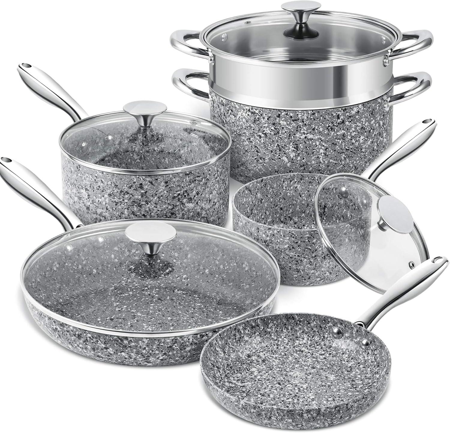 MICHELANGELO Pots and Pans Set 10 Piece, Cookware Set with Granite Coatings for Super Nonstick Result Essential Stone Cookware Sets with Utensil Set, Induction Compatible, PFOA Free