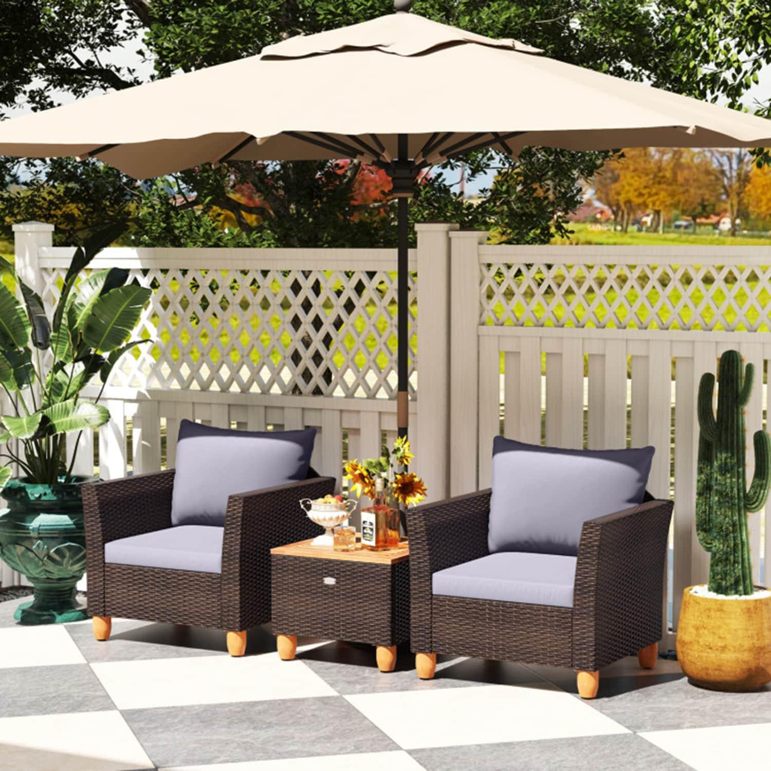 Resenkos 3 Pieces Patio Wicker Conversation Set, Outdoor Furniture Garden Conversation Bistro Sets with Coffee Table and Cushions-Black