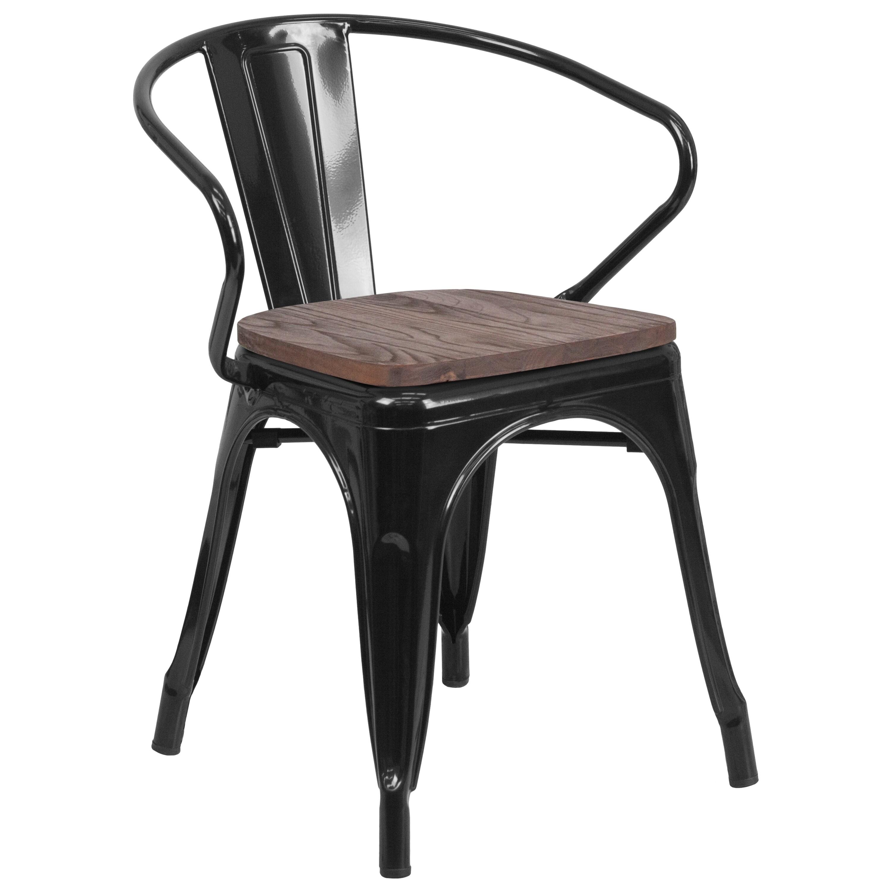 Flash Furniture Black Metal Chair with Wood Seat and Arms