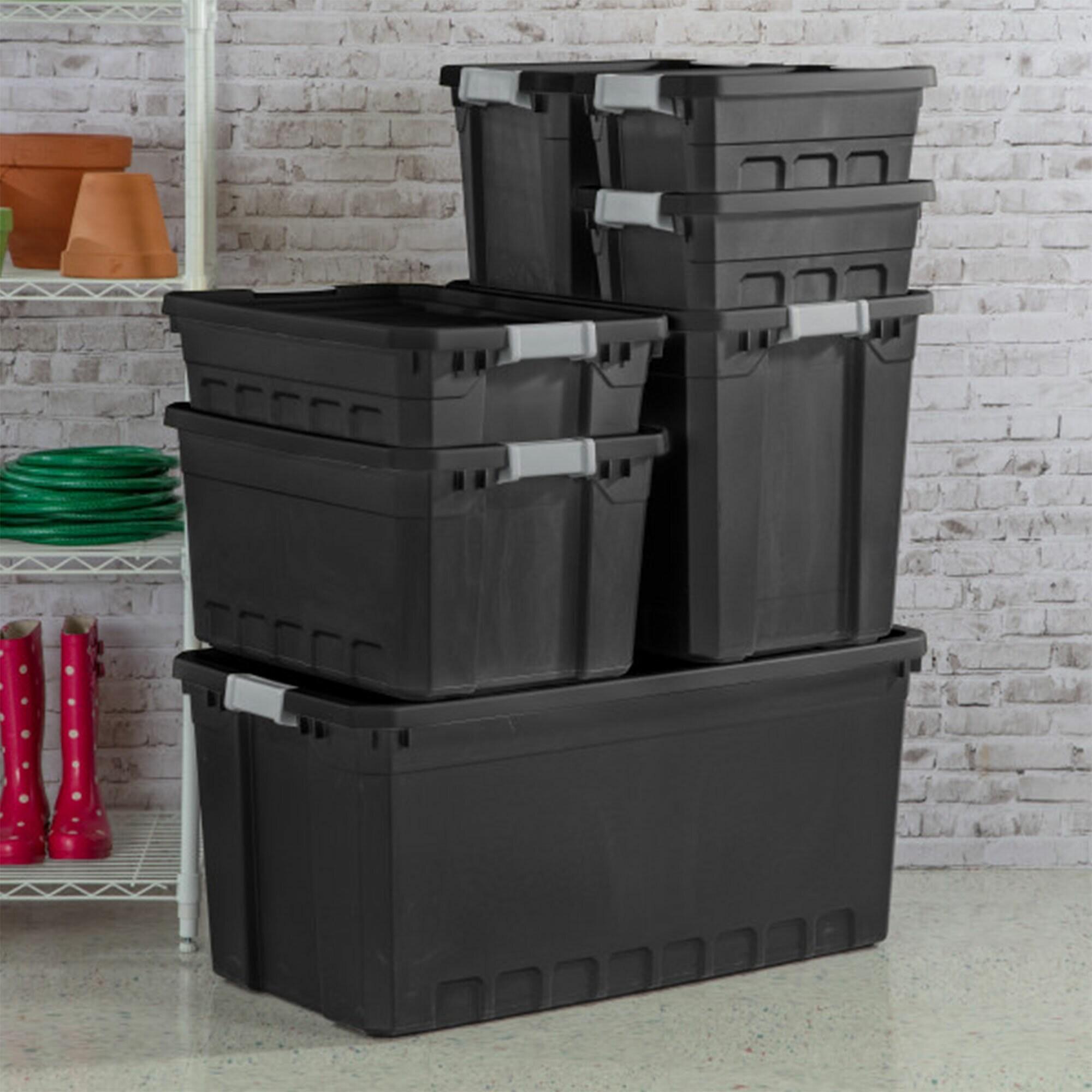 Sterilite 19 Gallon Plastic Stacker Tote, Heavy Duty Lidded Storage Bin Container for Stackable Garage and Basement Organization, Black, 12-Pack