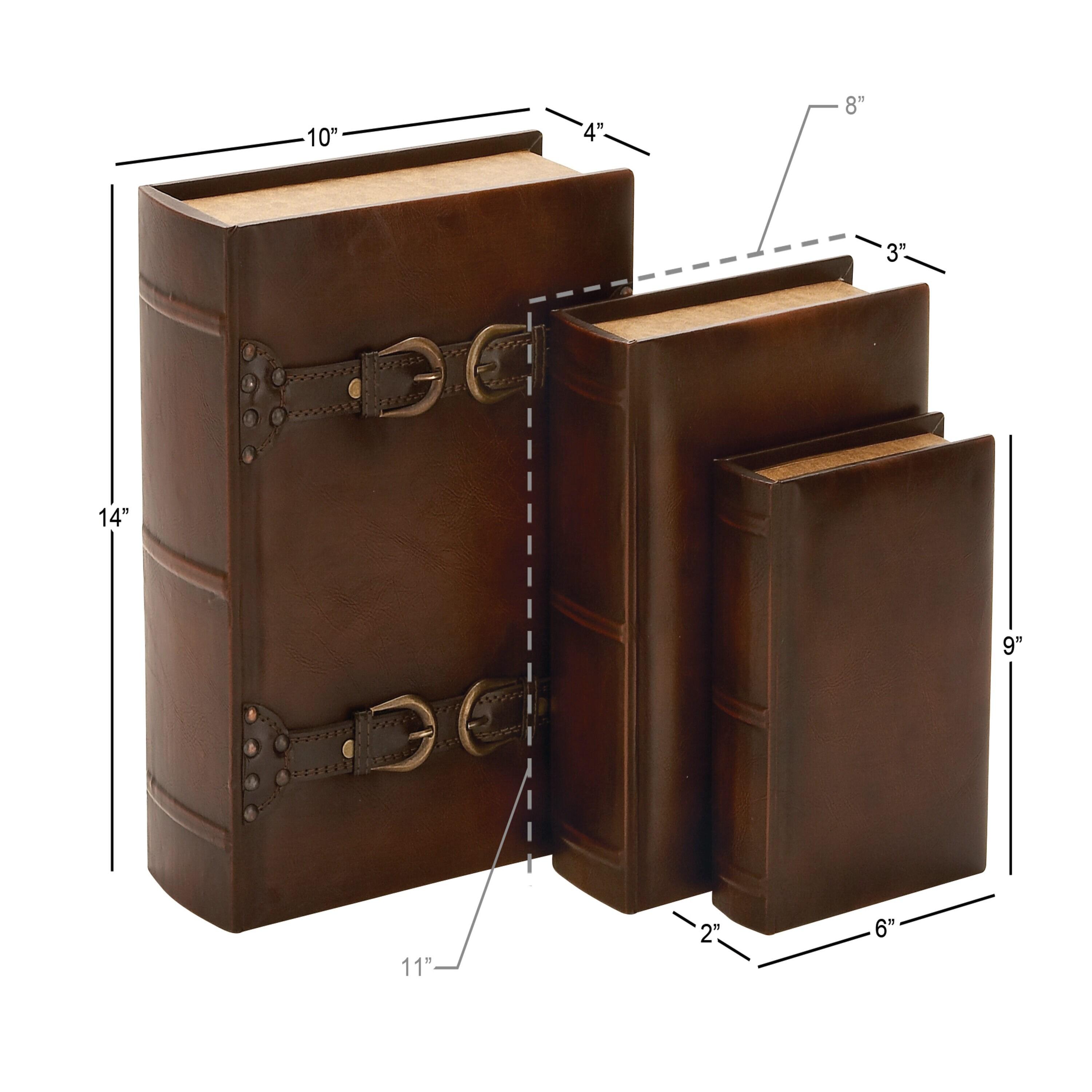 DecMode Vintage Faux Book Storage Dark Brown Faux Leather Decorative Box with Gold Buckle Accents, 3 Count