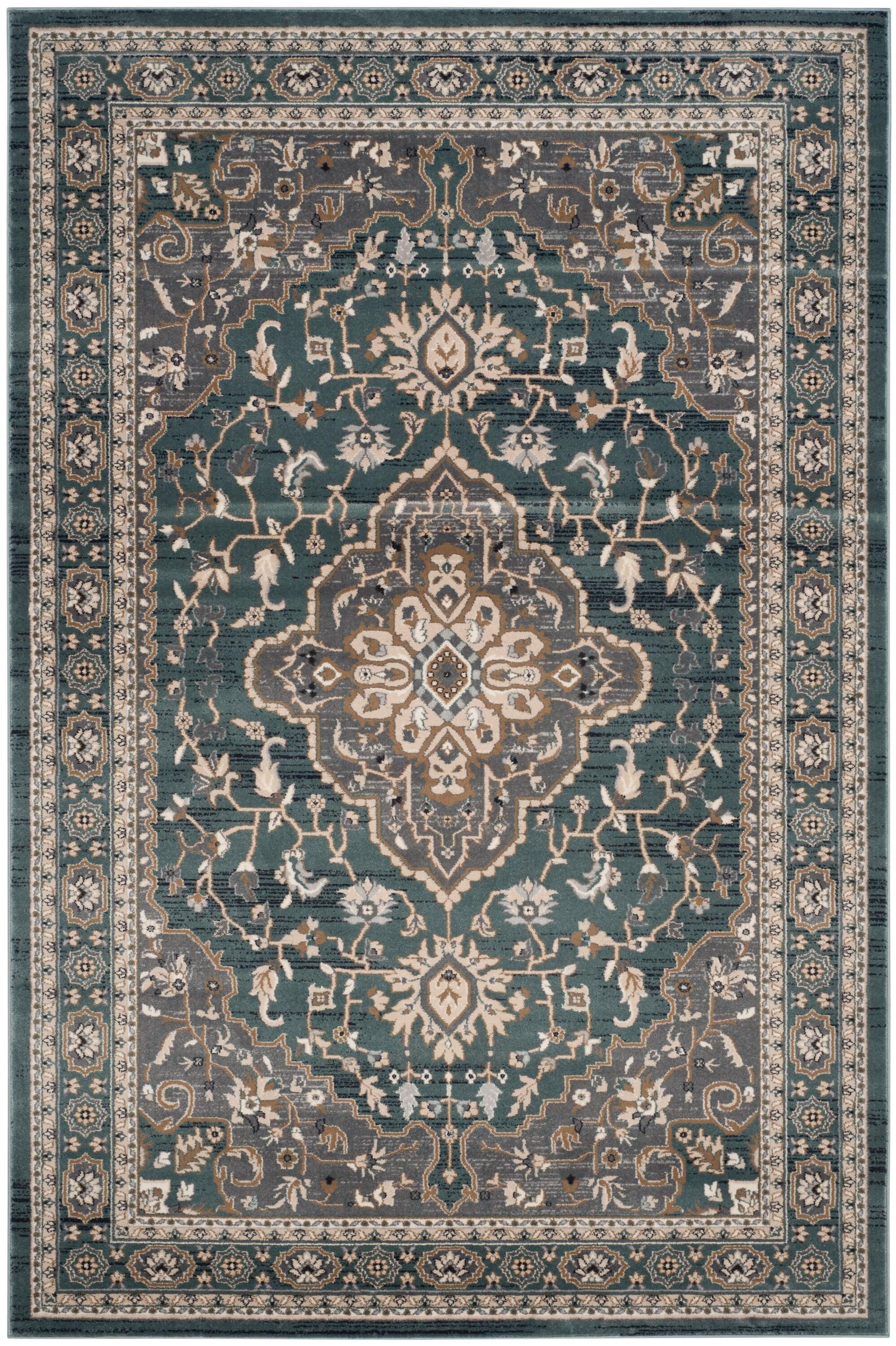 Teal and Grey Floral Synthetic 9' x 12' Area Rug