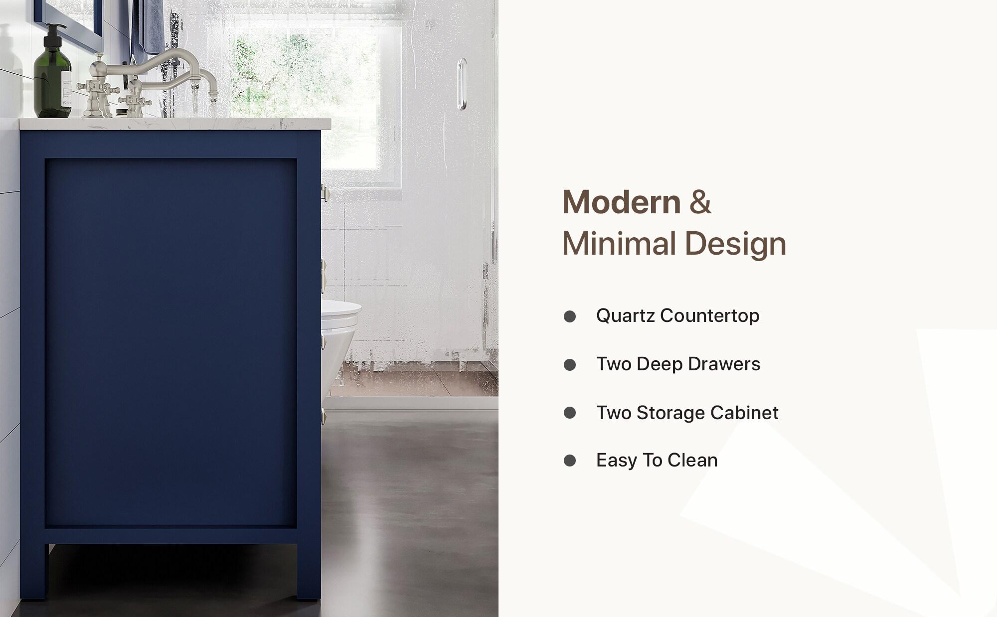 Totti Artemis 48" Blue Transitional Double Sink Bathroom Vanity w/ White Carrara Style Man-Made Stone Top