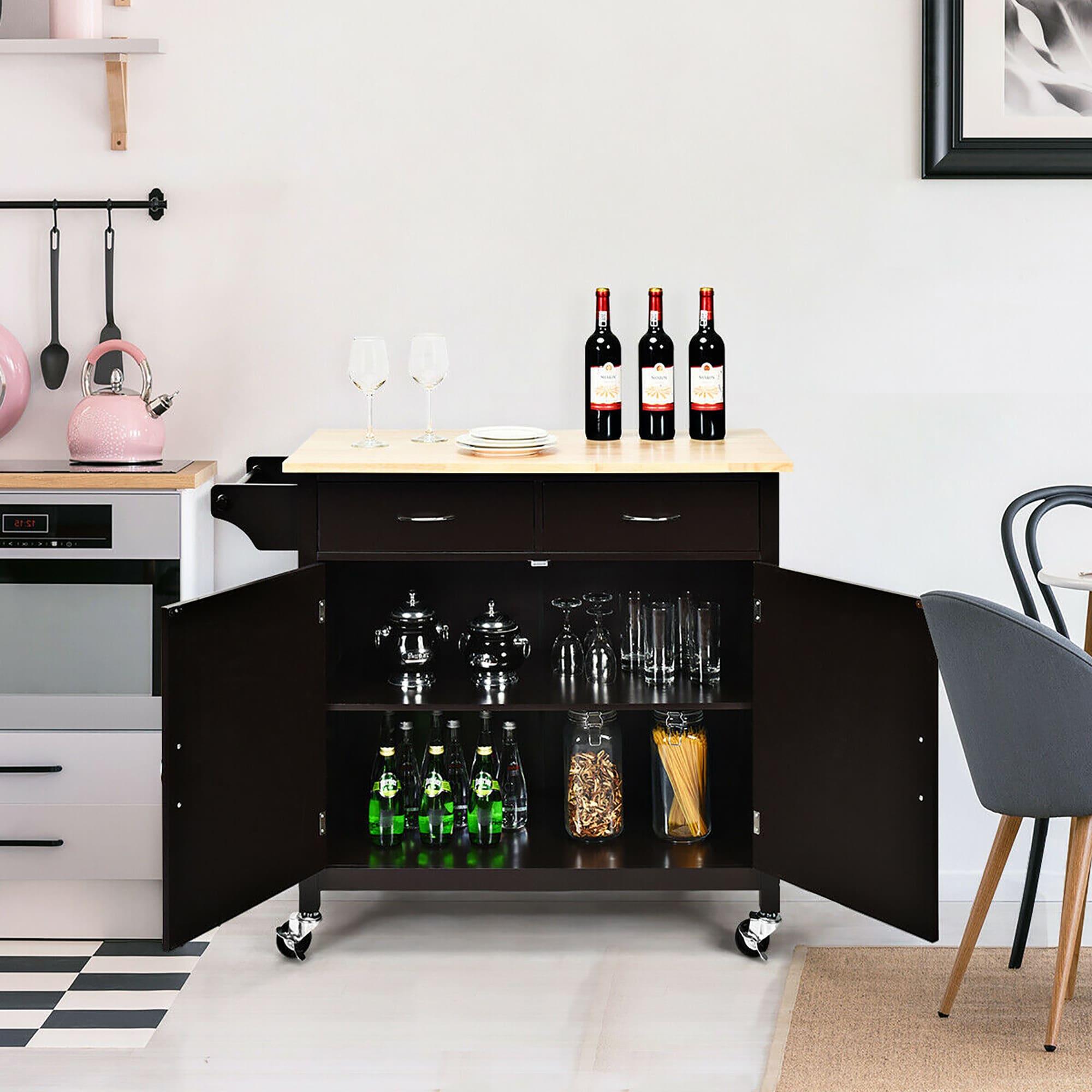 Costway Modern Rolling Kitchen Island Cart Wood Top Storage Trolley with Storage Drawers