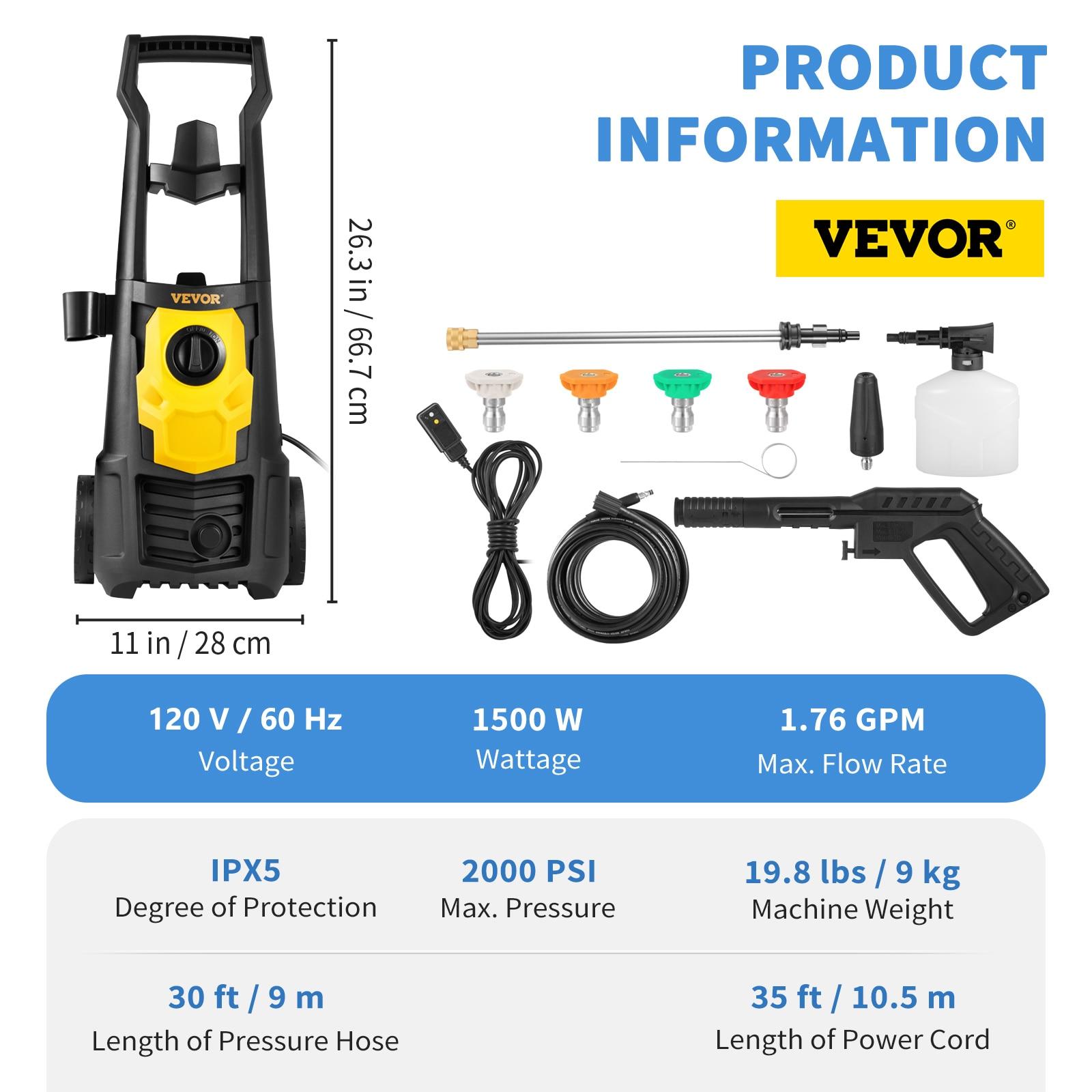 VEVOR 2000 PSI Black and Yellow Electric Pressure Washer with 5 Spray Tips