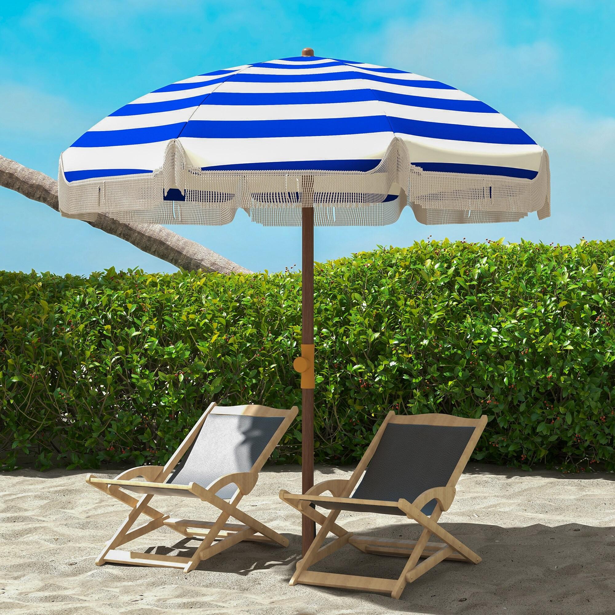 6.2-ft Blue and White Striped Steel Beach Umbrella with Fringe