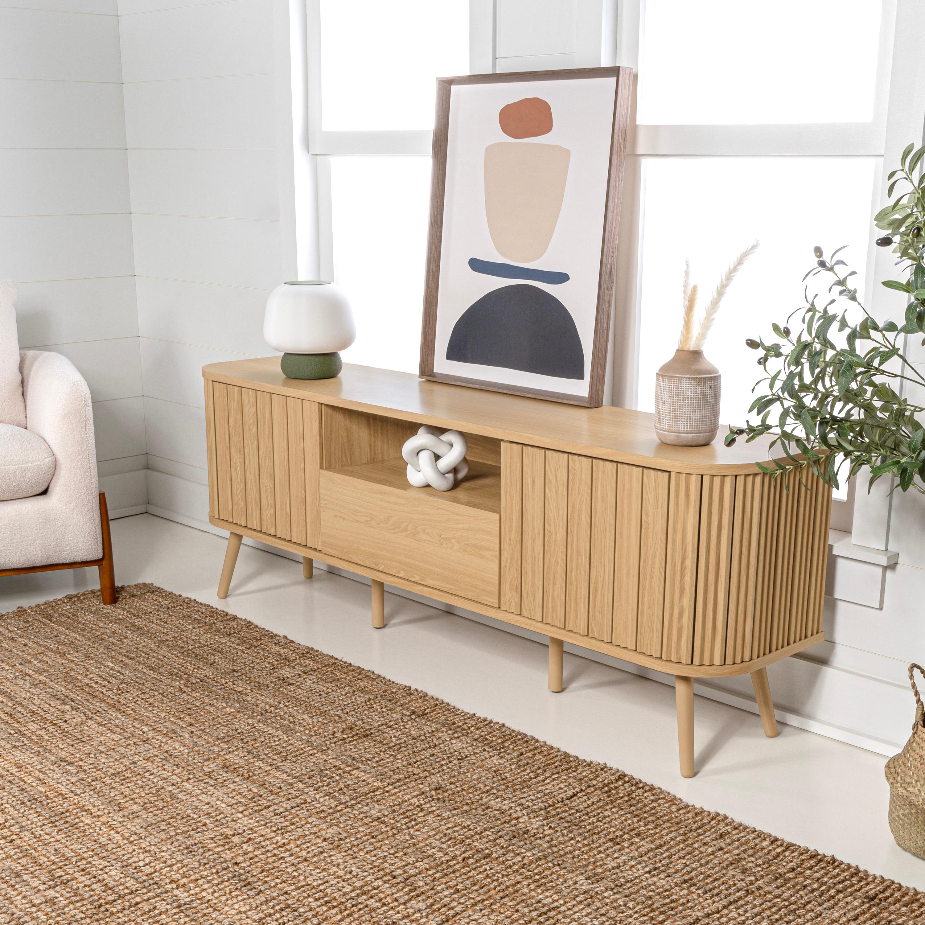 JONATHAN Y Damien 70 in. Farmhouse Curved TV Stand with Drawer and Storage Doors Fits TVs up to 75 in. with Cable Management, Oak