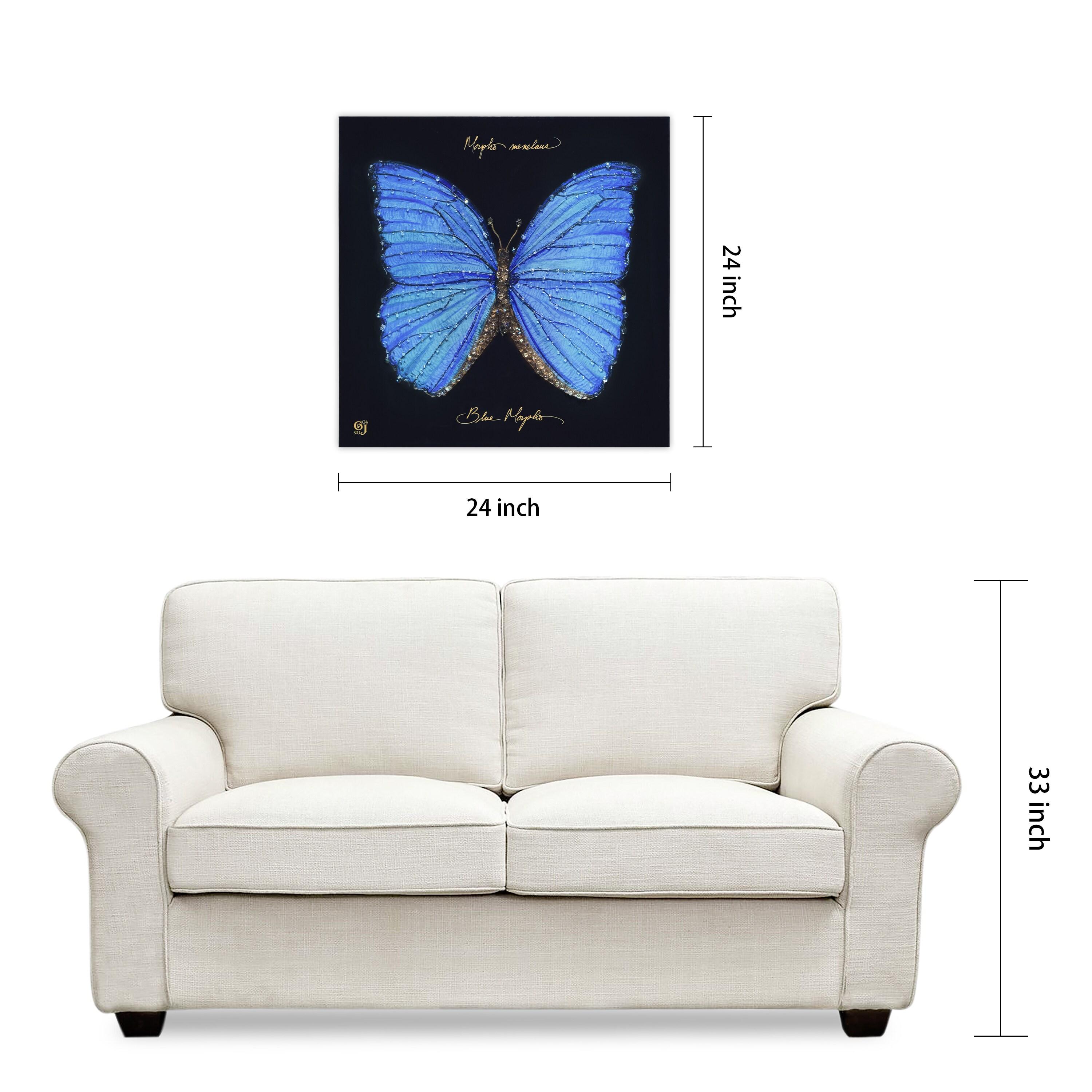 "Blue Monarch Elegance" Crystallus Epoxy Coated Wrapped Glossy Butterfly Canvas Wall Art with Heavy Acrylic Crystal Shards Embellishments