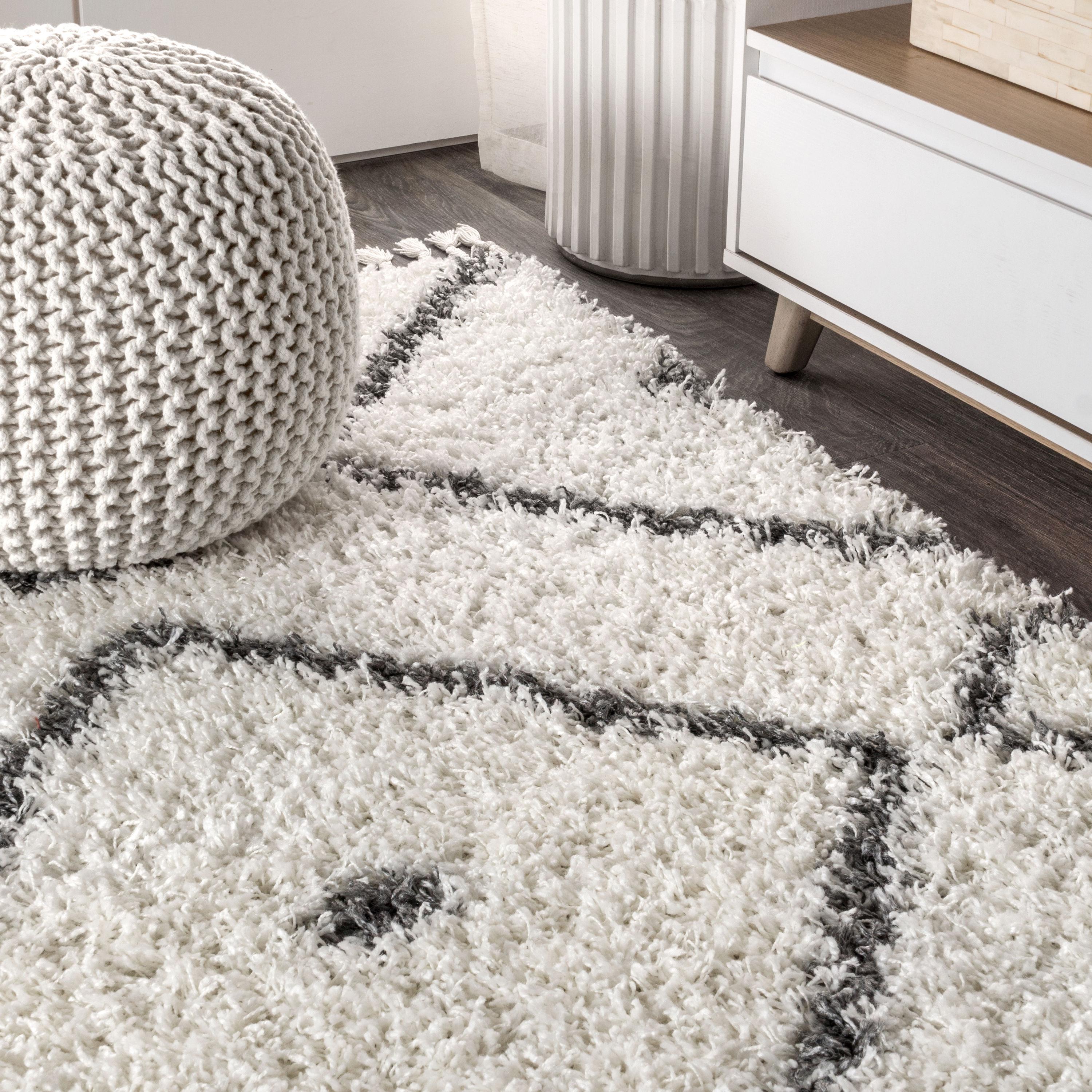 3'x5' Mercer Shag Plush Tassel Moroccan Diamond Area Rug, Cream/Grey - JONATHAN Y