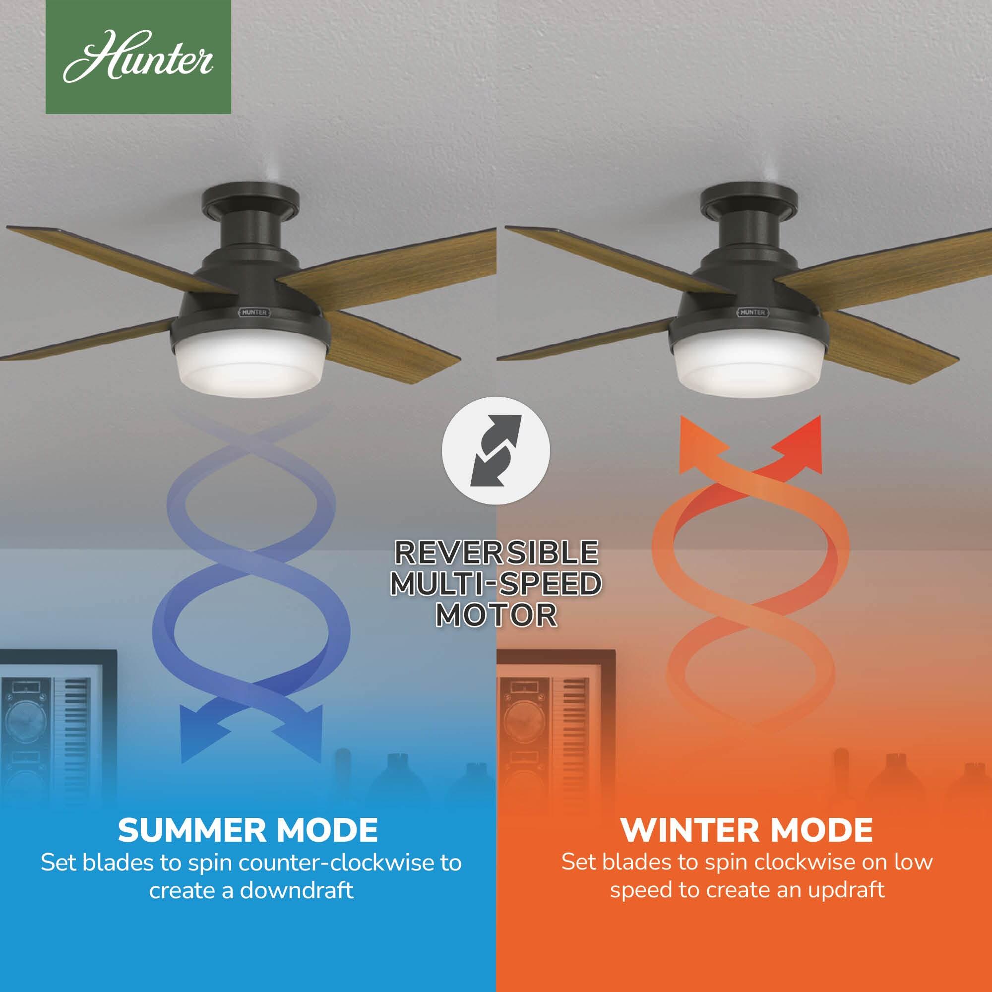 Hunter Fan Dempsey Low Profile 44" 4 - Blade Indoor Flush Mount Small Room Ceiling Fan with Lights and Remote