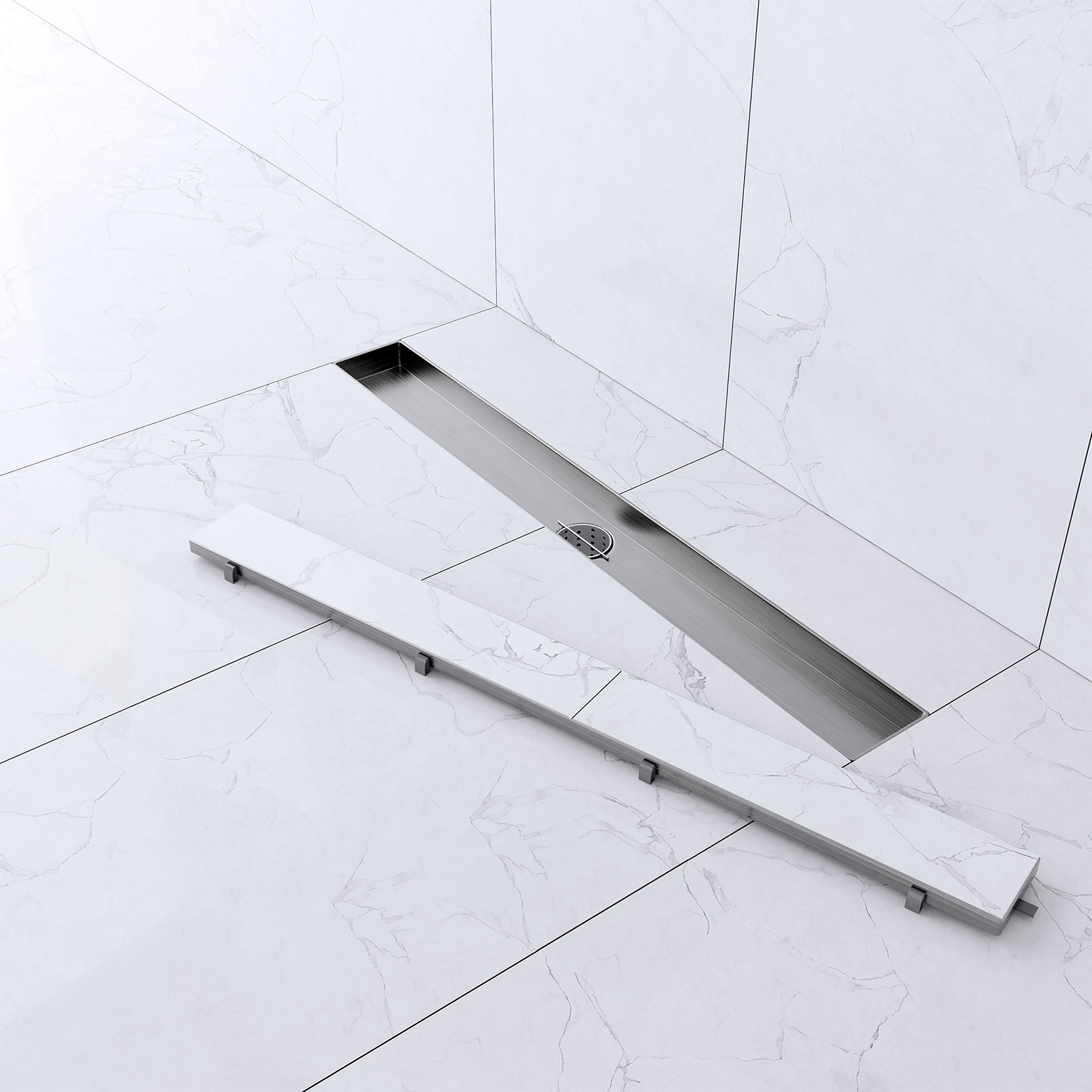 24" Linear Tile-in Shower Drain with Hair Strainer & Lifting Hook-Modern Stainless Steel Drain for Bathroom Showers