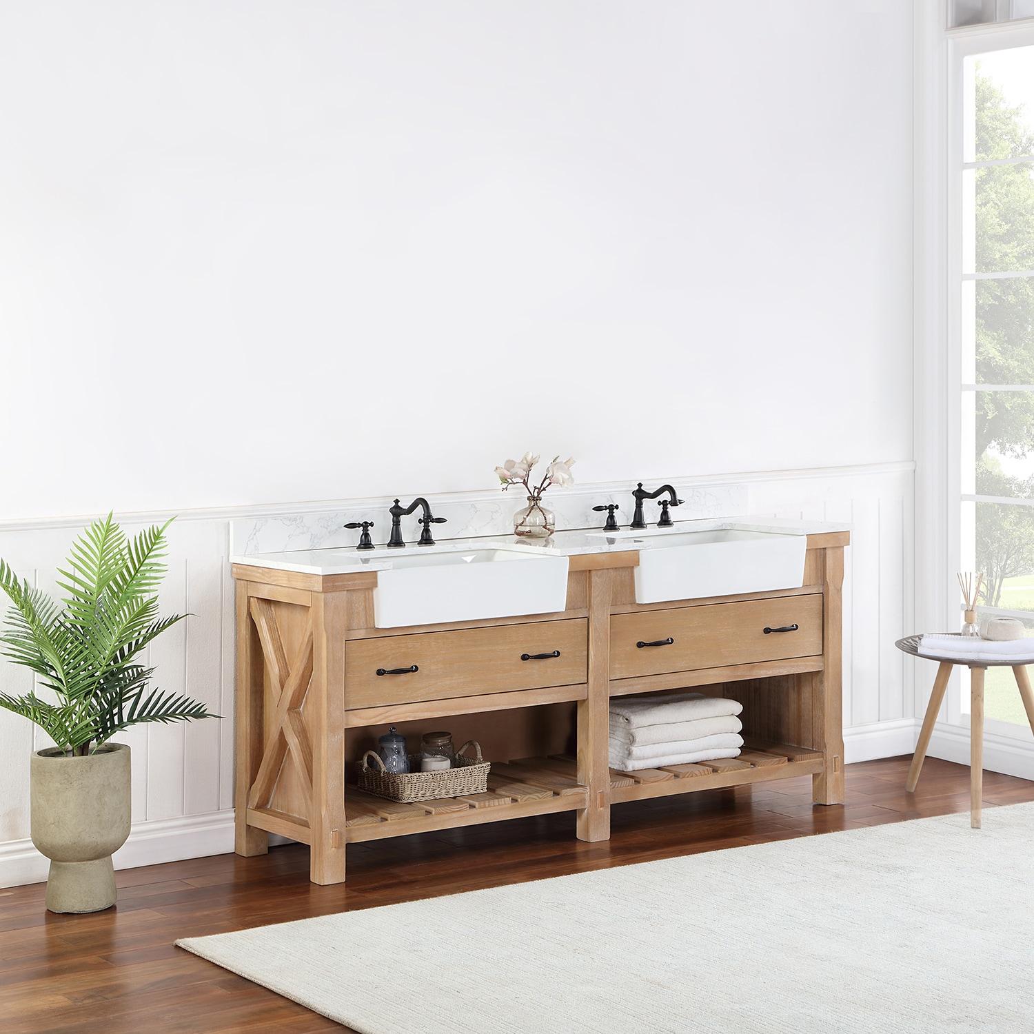 Villareal 72" Double White Farmhouse Basin Bath Vanity in Weathered Pine Wood